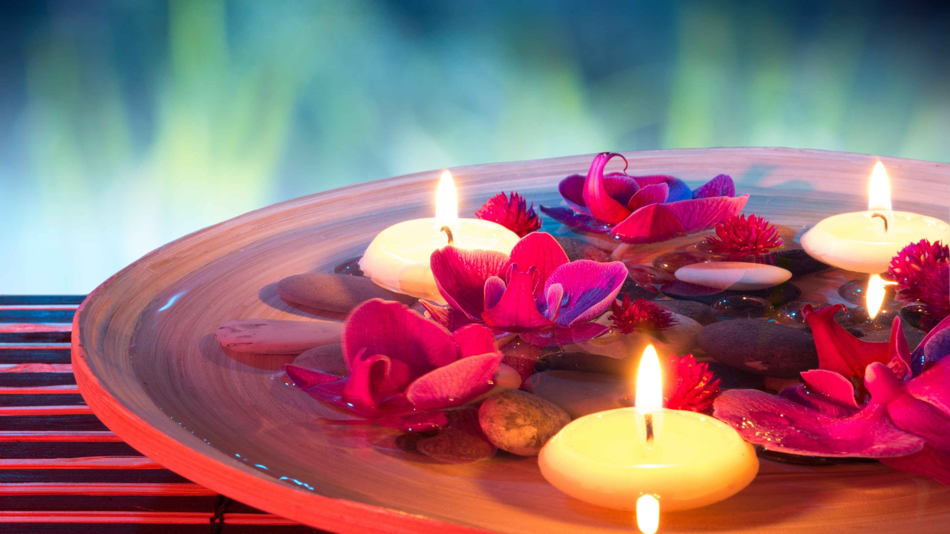 Stones, Themed, Candles, SPA, 4K, Water, Flowers, HD Wallpaper