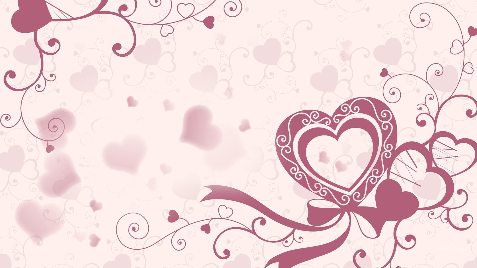 pink, hearts, valentine, ribbon, romantic, valentines day, vines, bows, 1080P, abstract, 3d and abstract, HD Wallpaper