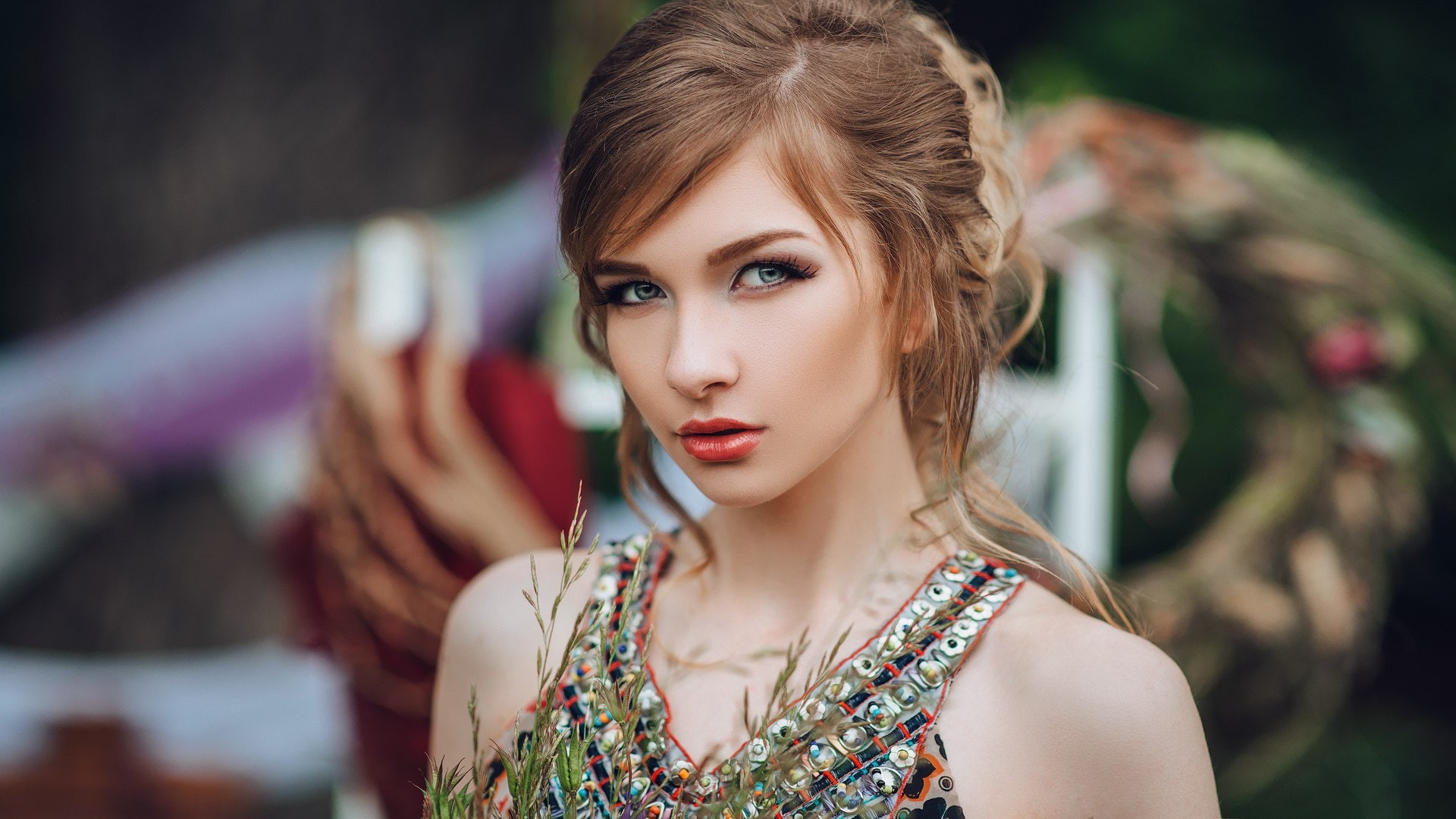 blonde, face, women, 1080P, red lipstick, portrait, depth of field, HD Wallpaper