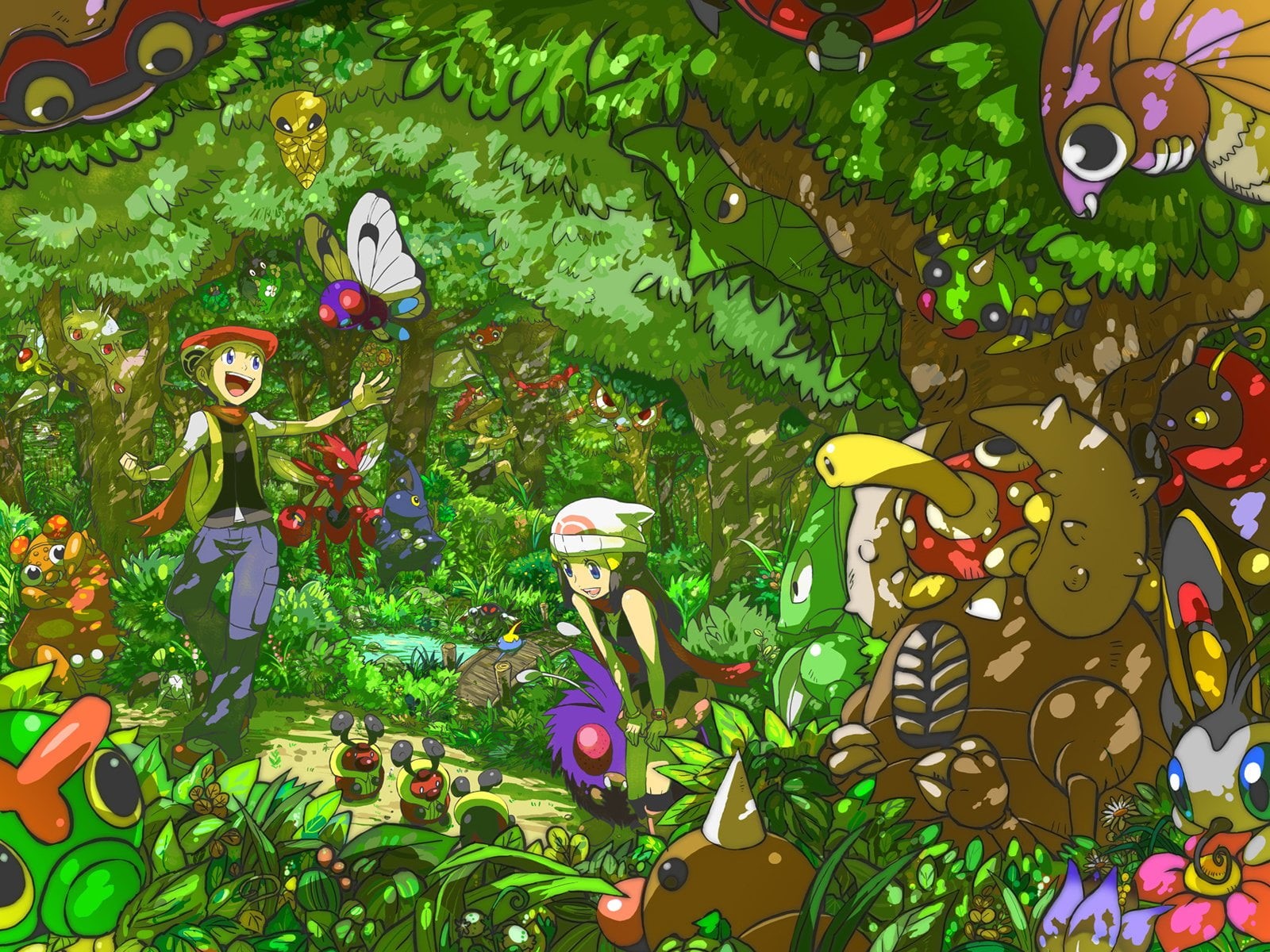 day, 720P, outdoors, butterfly - insect, tree, leaf, illustration, growth, animal representation, representation, multi colored, flowering plant, pokemon, HD Wallpaper