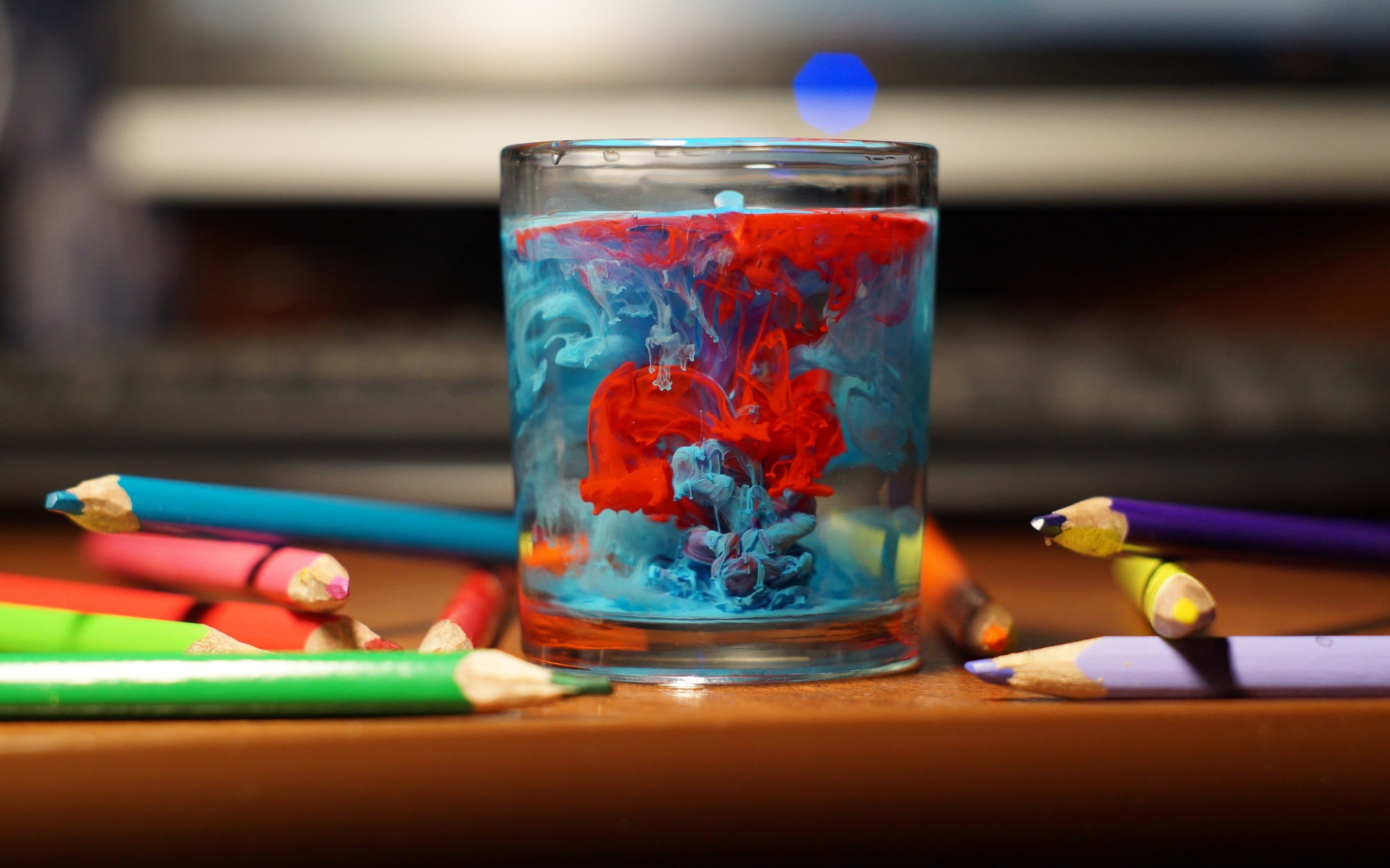 close-up, large group of objects, household equipment, pencils, color, choice, 2K, assorted, water, paint in water, pens, drawing - Art Product, tilt, HD Wallpaper