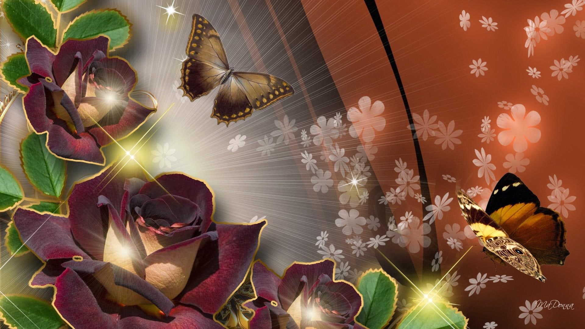 papillon, butterfly, flowers, butterflies, old fashion, green, brown, 1080P, fleurs, picture, nature and landsca, red, reses, rose, roses, sparkle, sophisticated, HD Wallpaper