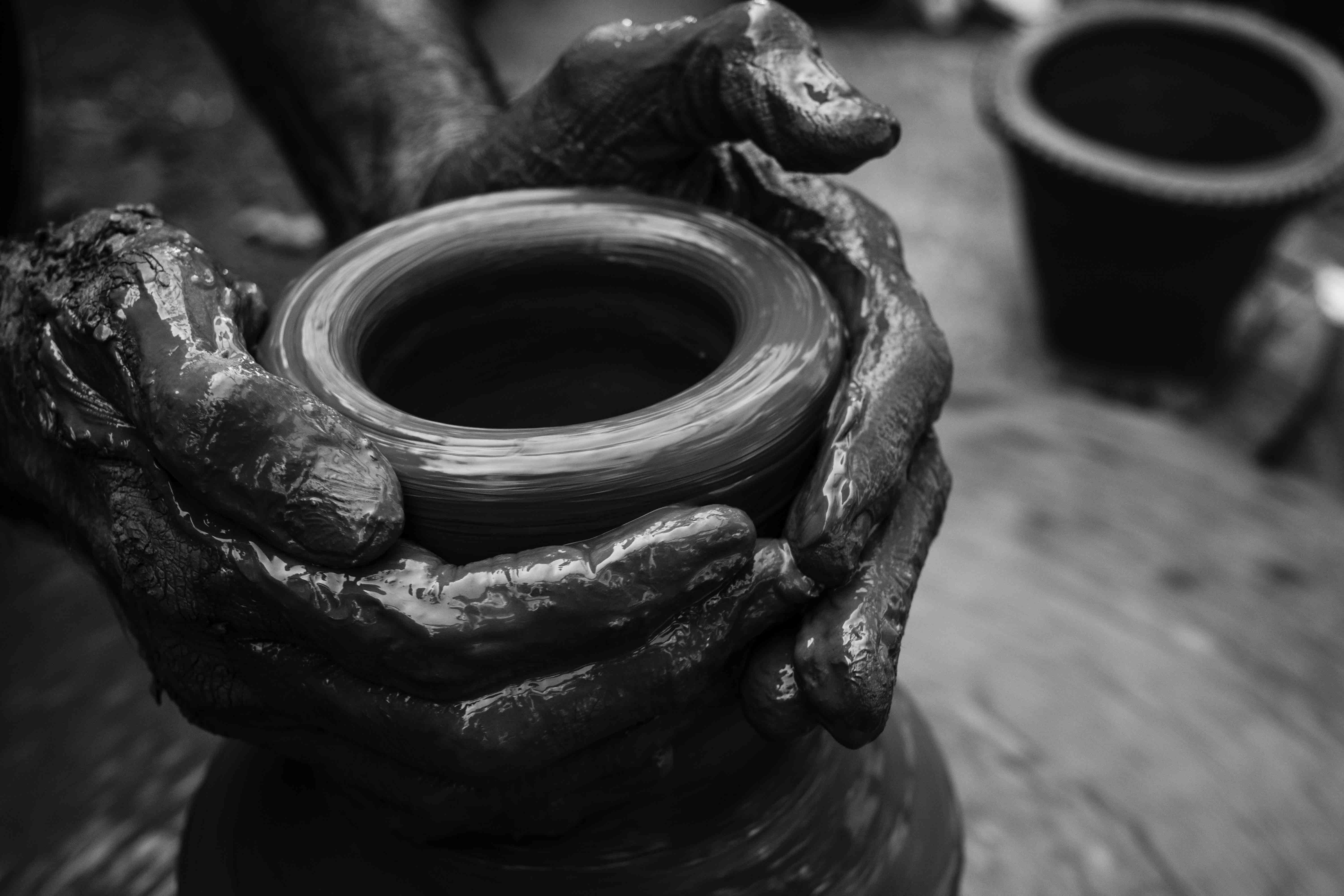 high angle view, earthenware, grayscale, creativity, close-up, day, workshop, pottery, vase, artisan, clay, focus on foreground, design, shape, ceramics, HD Wallpaper