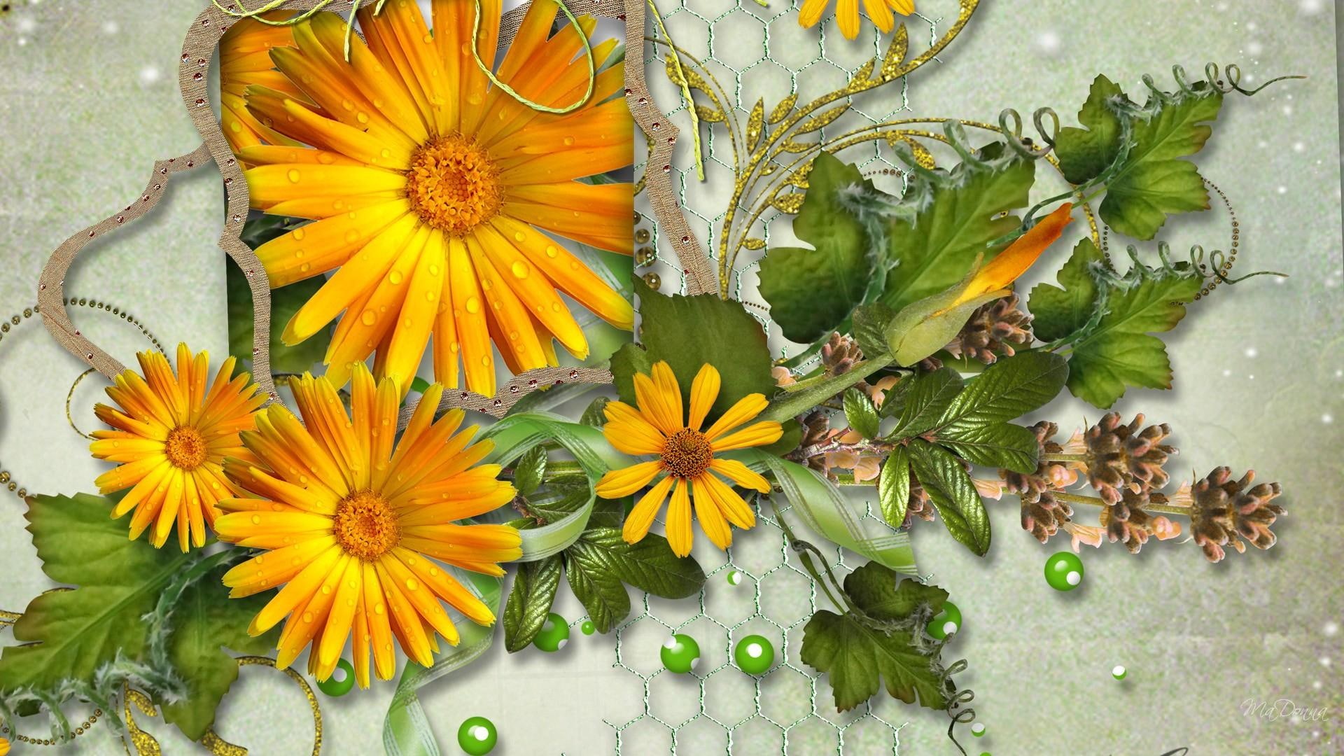 daisies, ribbon, daisy, firefox persona, yellow, wall, buds, flowers, flower, paper, 3d and abstract, 1080P, green, greens, HD Wallpaper