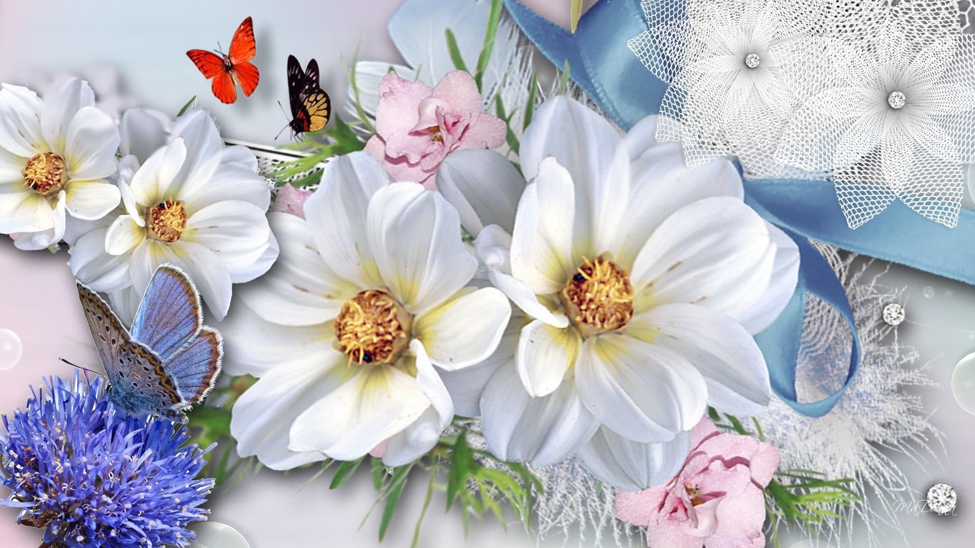 lace, spring, jewels, 3d and abstract, diamonds, flowers, 1080P, blue, joyful, feathers, ribbon, butterflies, HD Wallpaper