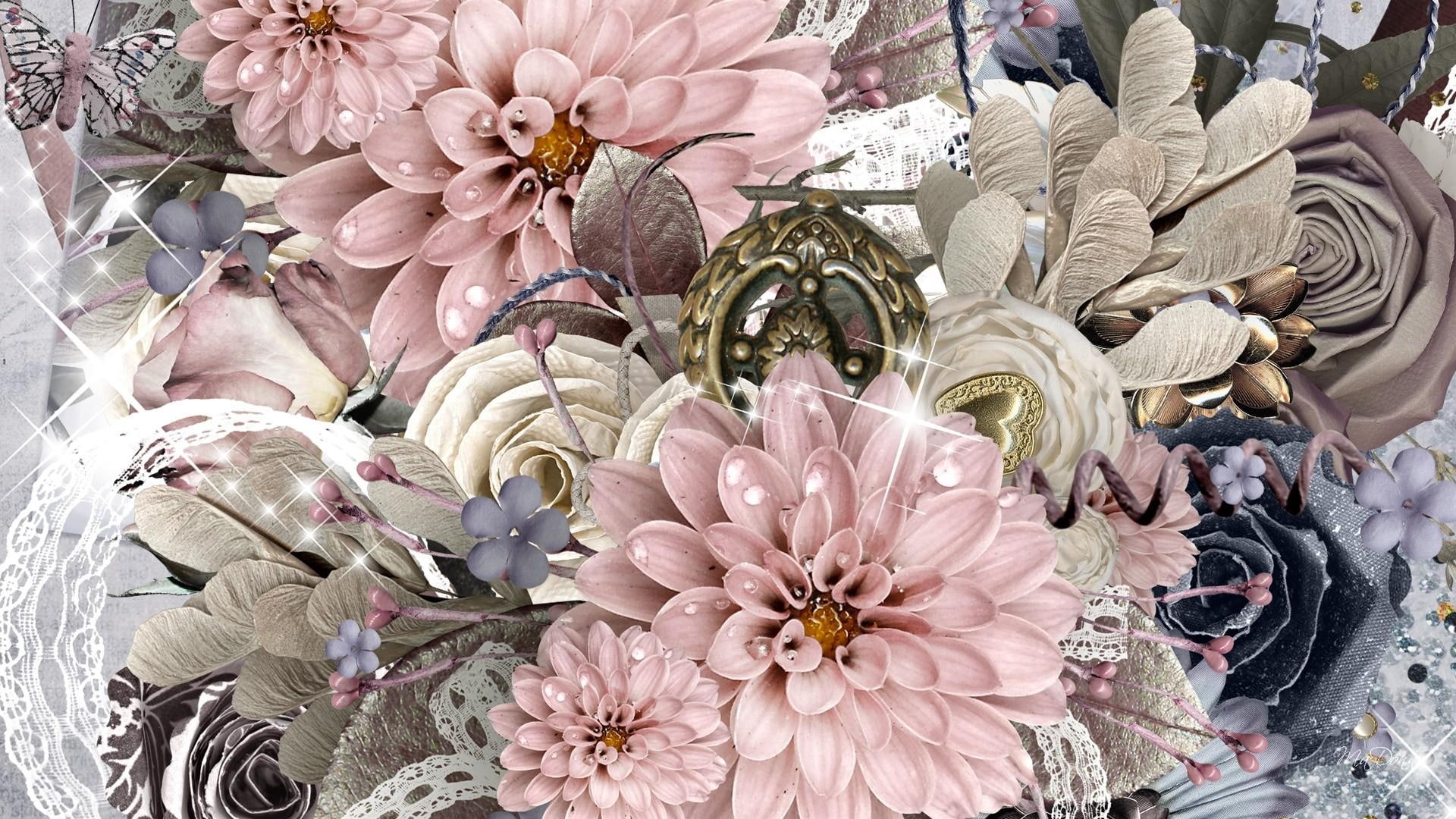 lace, brooch, old fashion, vintage, butterfly, papillon, memories, forgotten, ribbon, leaves, flowers, nature and la, 1080P, fleurs, HD Wallpaper