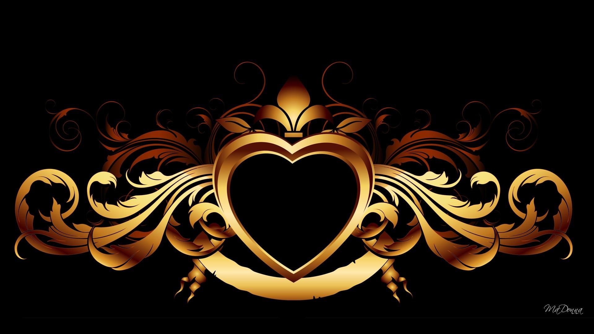 3d and abstract, black, heart, valentines day, golden, luxury, luxurious, 1080P, hearts, gold, metal, HD Wallpaper