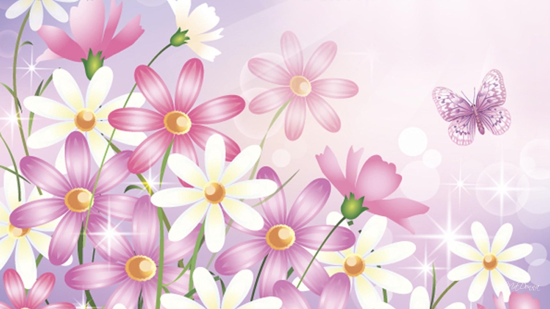 wildflowers, lavender, daisy, 1080P, 3d and abstract, gerberas, pastel, pink, spring, flowers, butterfly, HD Wallpaper