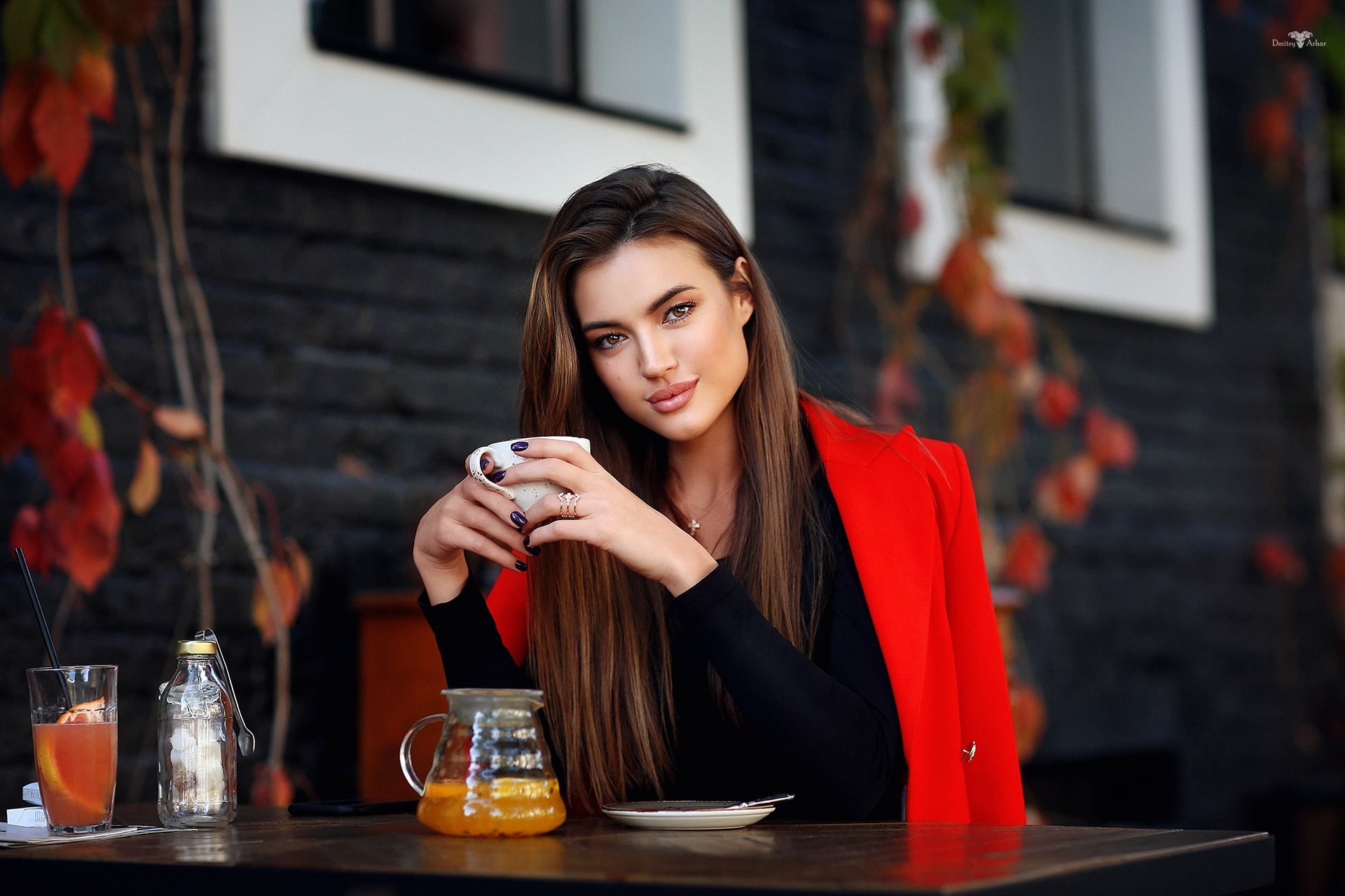 drinking glass, Ksenia, sitting, outdoors, table, rings, portrait, jacket, brown eyes, long hair, women, painted nails, cafeteria, model, Dmitry Arhar, HD Wallpaper