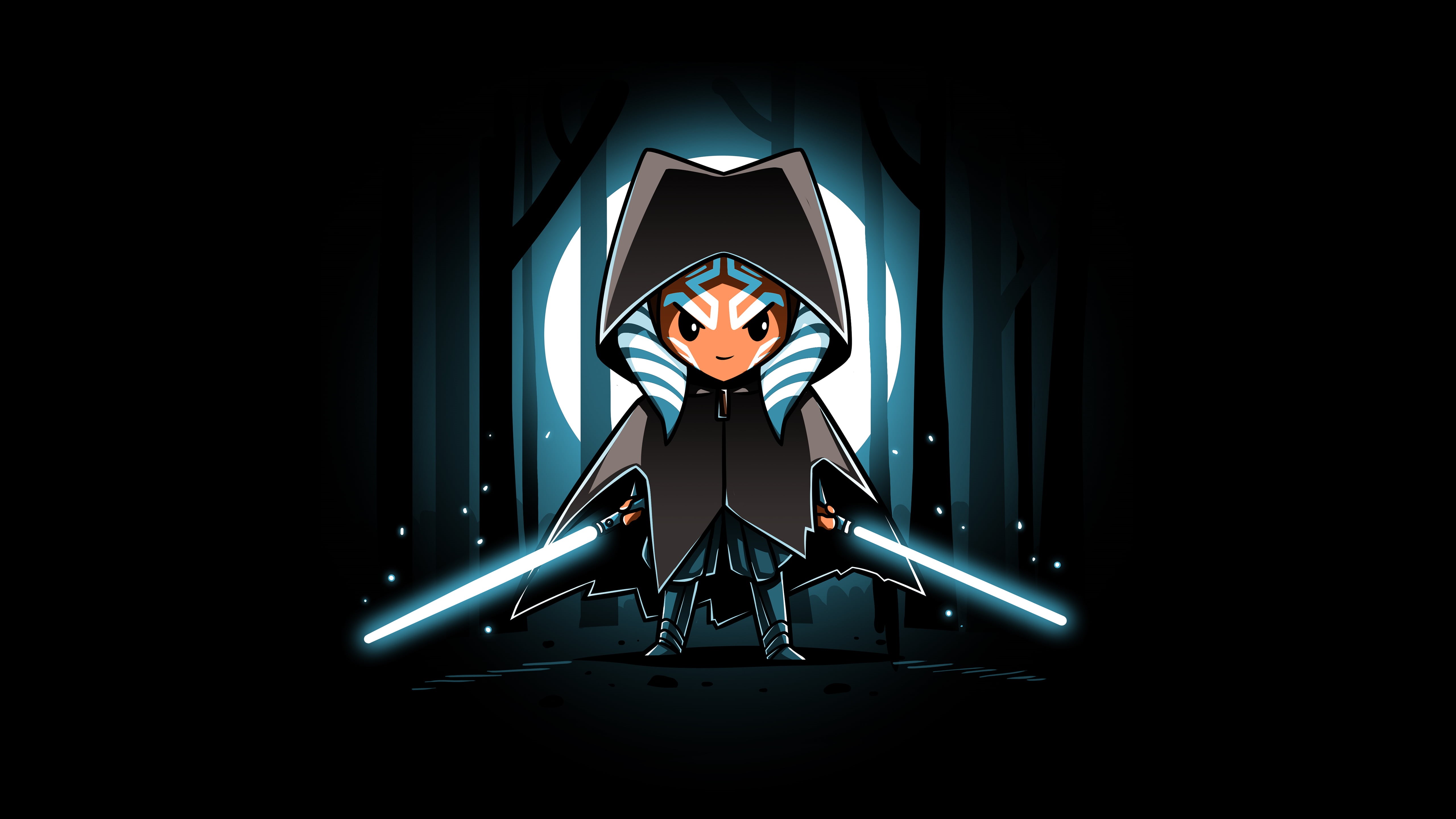 artwork, The Mandalorian, Ahsoka Tano, lightsaber, Star Wars, Jedi, black background, 5K, minimalism, cloaks, HD Wallpaper