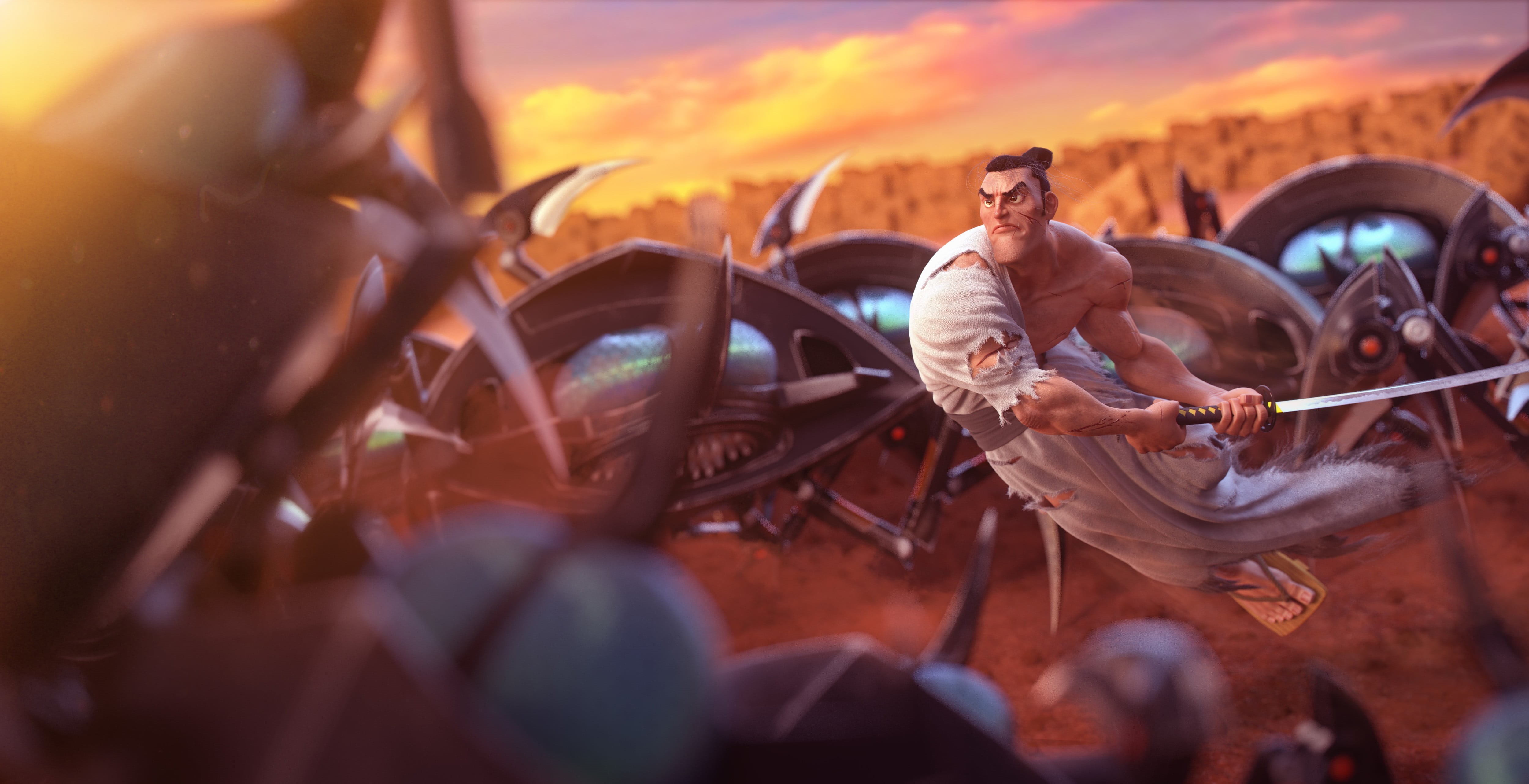 group of people, leisure activity, robot, males, young men, 4K, sunset, young adult, Cartoon Network, mode of transportation, Samurai Jack, samurai, transportation, HD Wallpaper