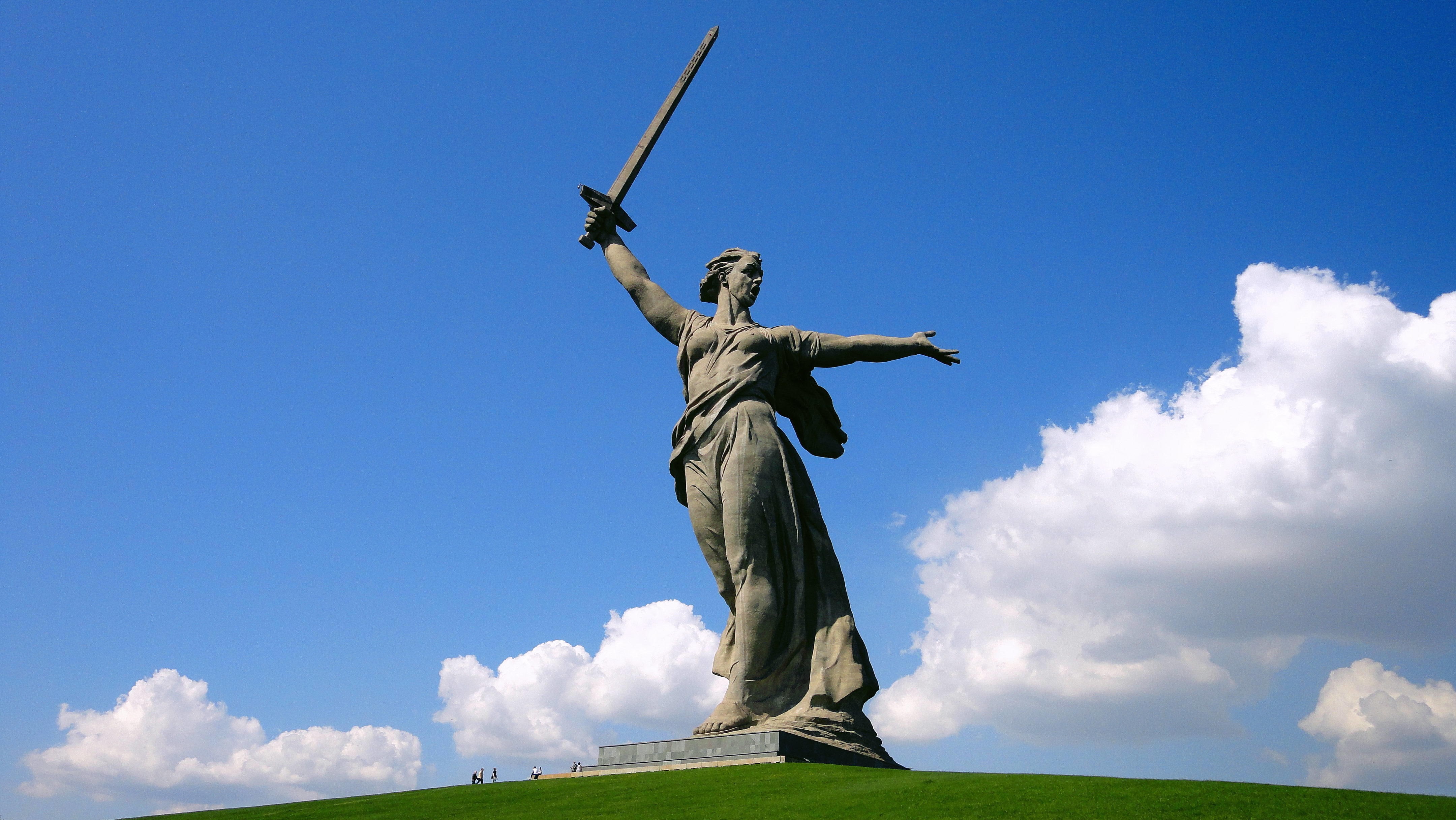female likeness, the past, woman, low angle view, Homeland, The Volgograd, Great, blue, travel, art and craft, architecture, nature, sky, no people, male likeness, HD Wallpaper