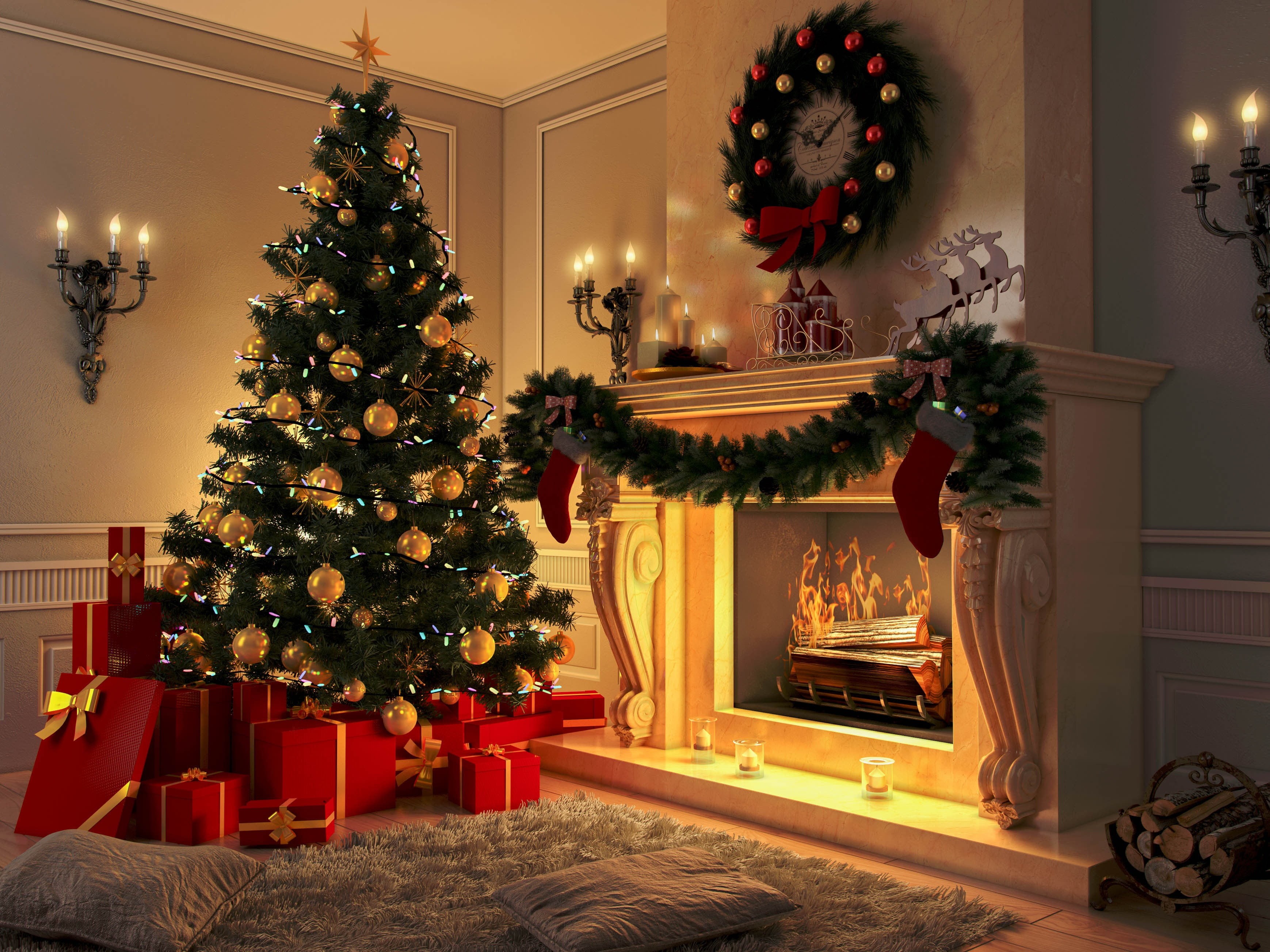 toys, Xmas, Christmas tree, Christmas, New Year, gifts, Merry Christmas, design, fireplace, interior, home, decoration, tree, holiday celebration, 2K, HD Wallpaper