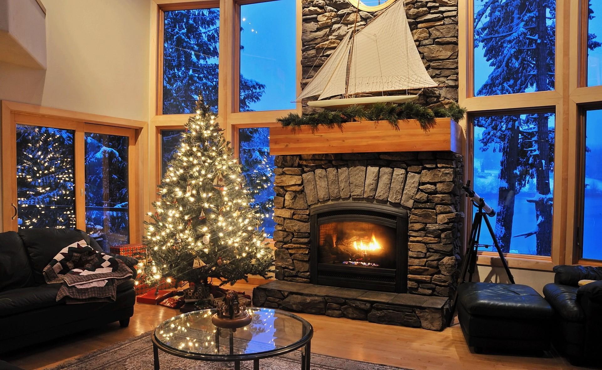 tree, new year, gift, 1080P, new, year, box, fireplace, christmas, HD Wallpaper