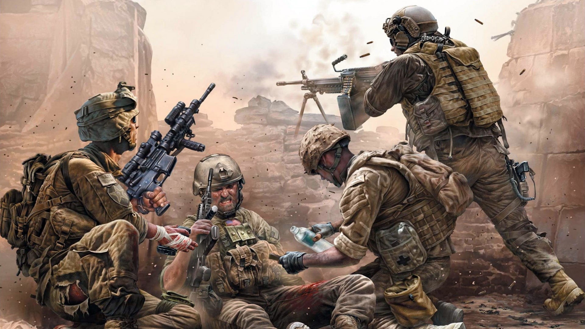 Modern US infantry, shooting, soldiers, wounded, 1080P, war, HD Wallpaper