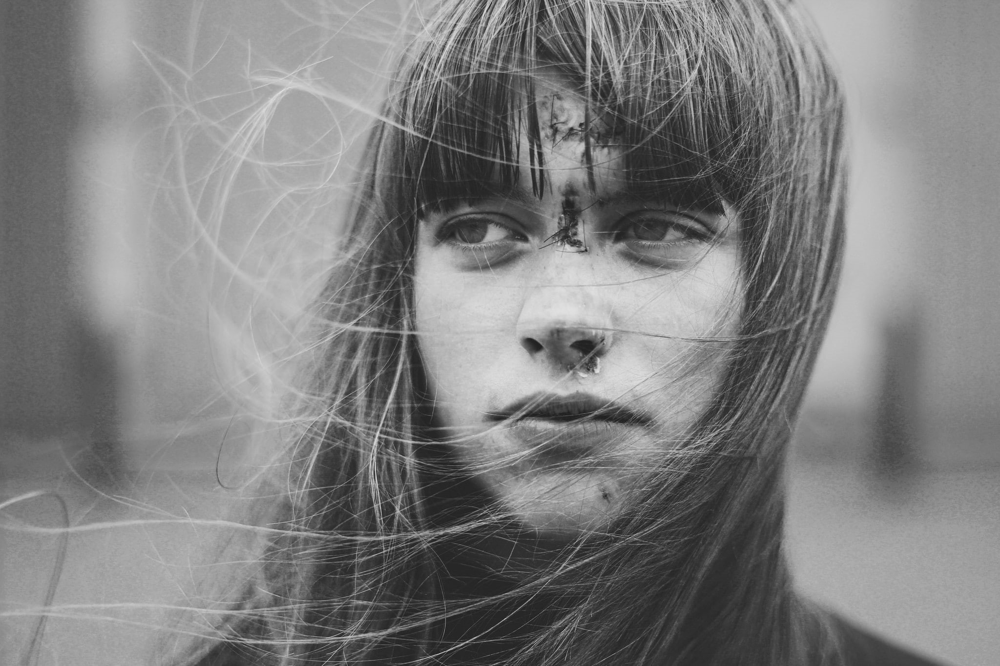 front view, focus on foreground, portrait, monochrome, looking away, lifestyles, leisure activity, hairstyle, wounds, headshot, long hair, hair, females, HD Wallpaper