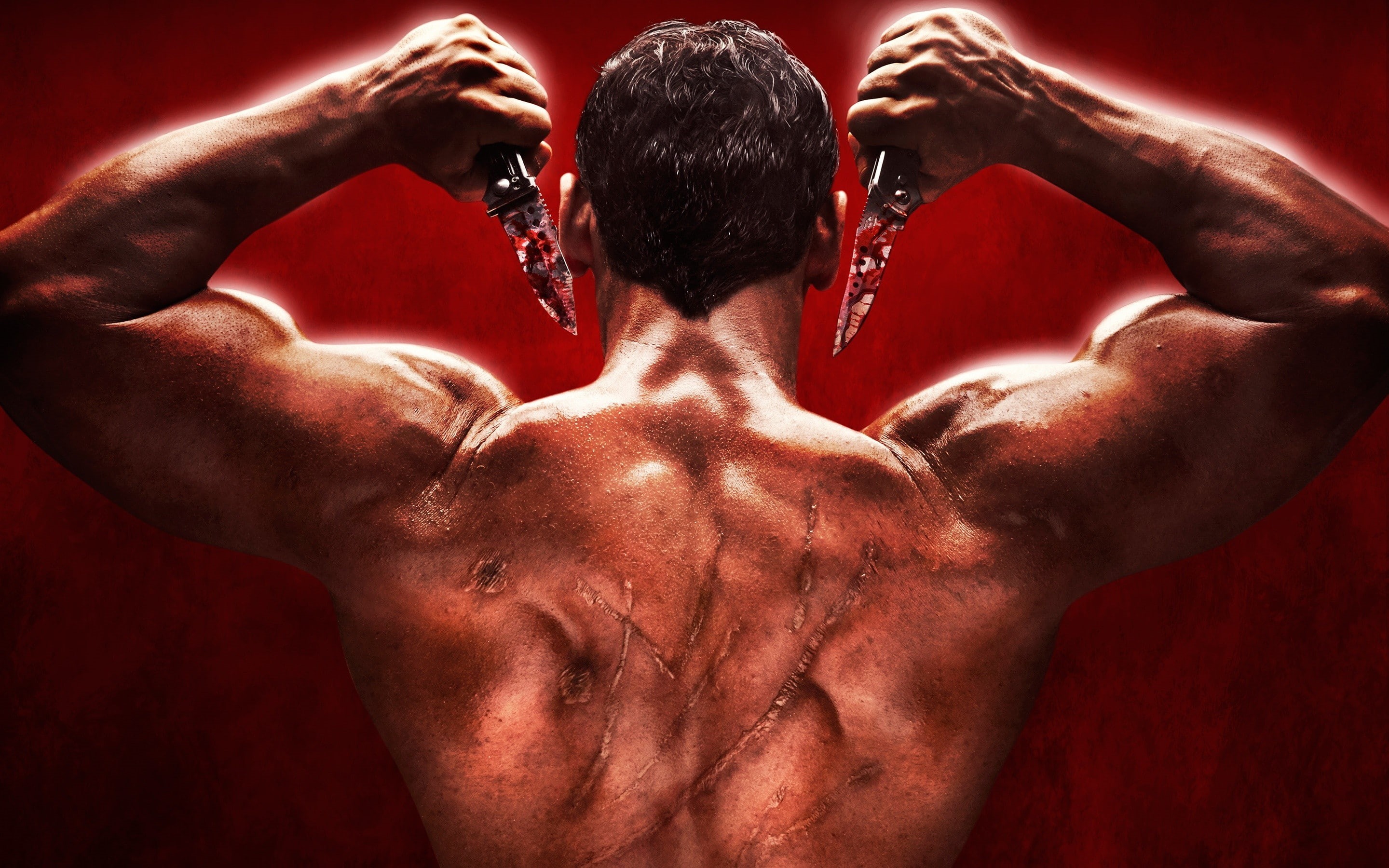 holding, HD, man, knife, John Abraham, Bollywood, Rocky Handsome, showing, 2K, wounds, red, back, background, HD Wallpaper