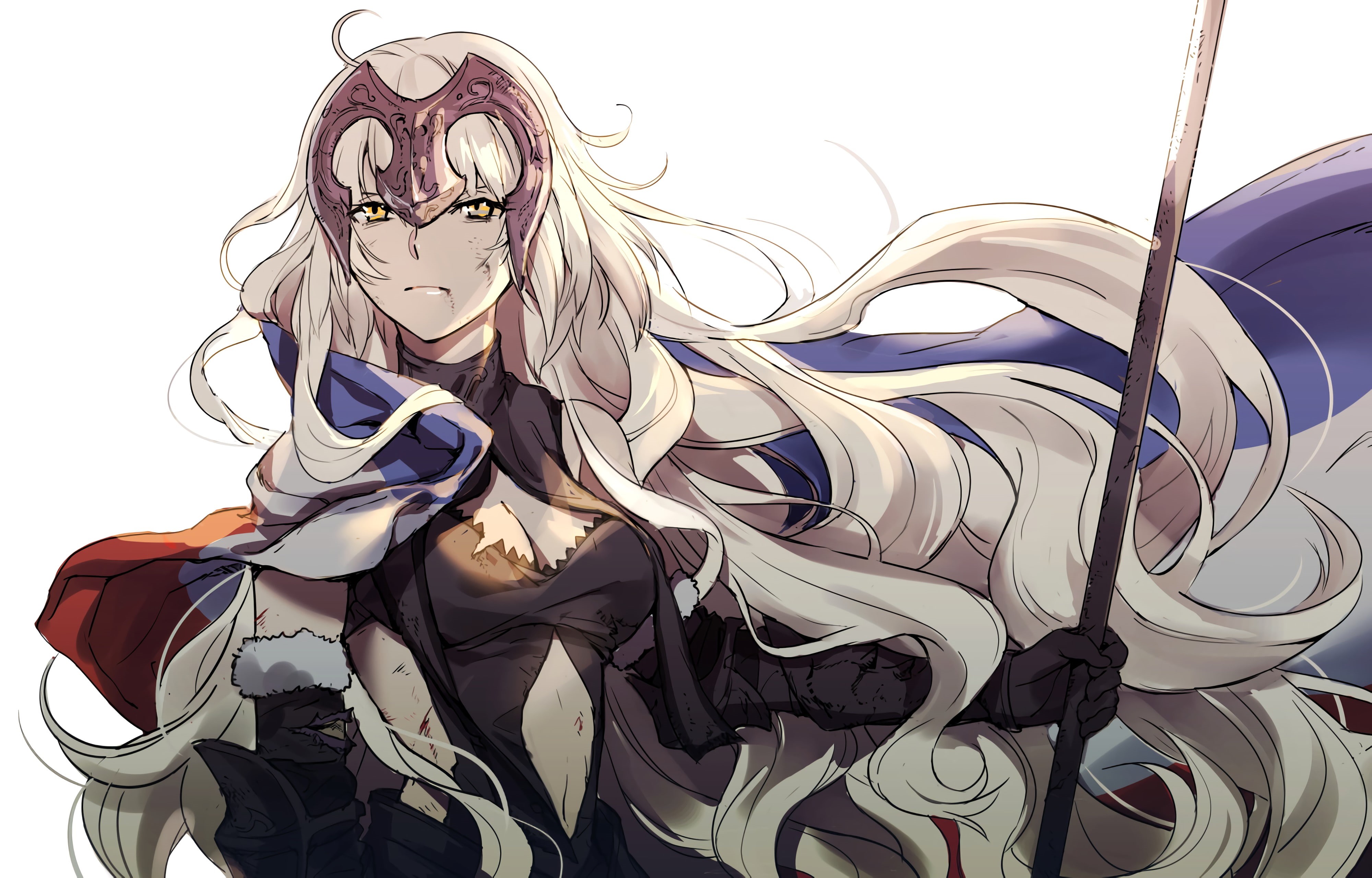 Jeanne darc alter, Flag French, France, FateGrand Order, 4K, spear, yellow eyes, wounds, Avenger (FateGrand Order), blonde, anime girls, flag, Fate Series, HD Wallpaper