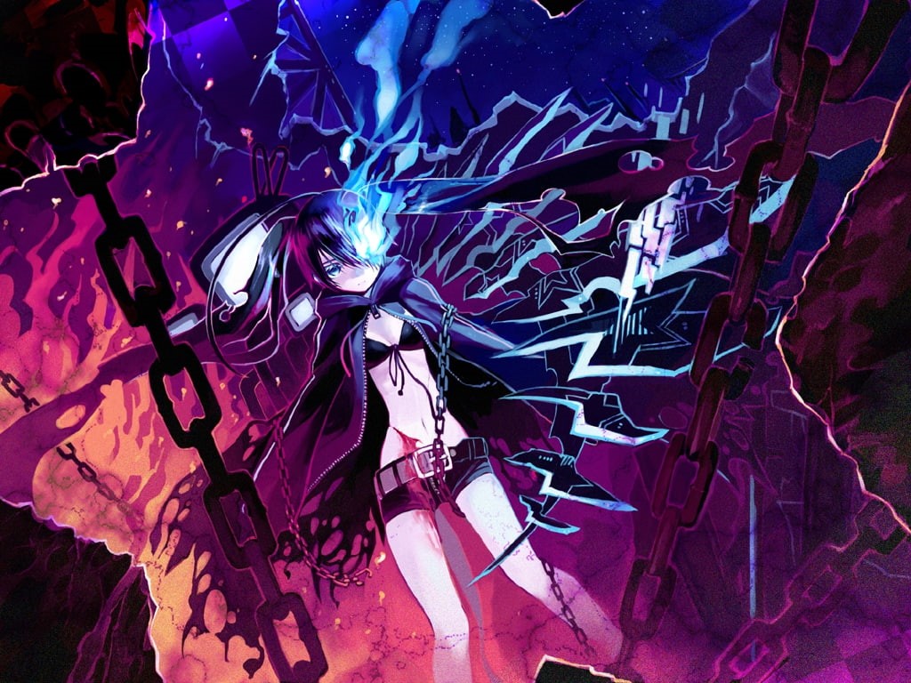 anime, black, art, shooter, hd, 480P, Glowing Eye, Chains, rock, Scar, Black Rock Shooter, blood, witchcraft, Wound, HD Wallpaper