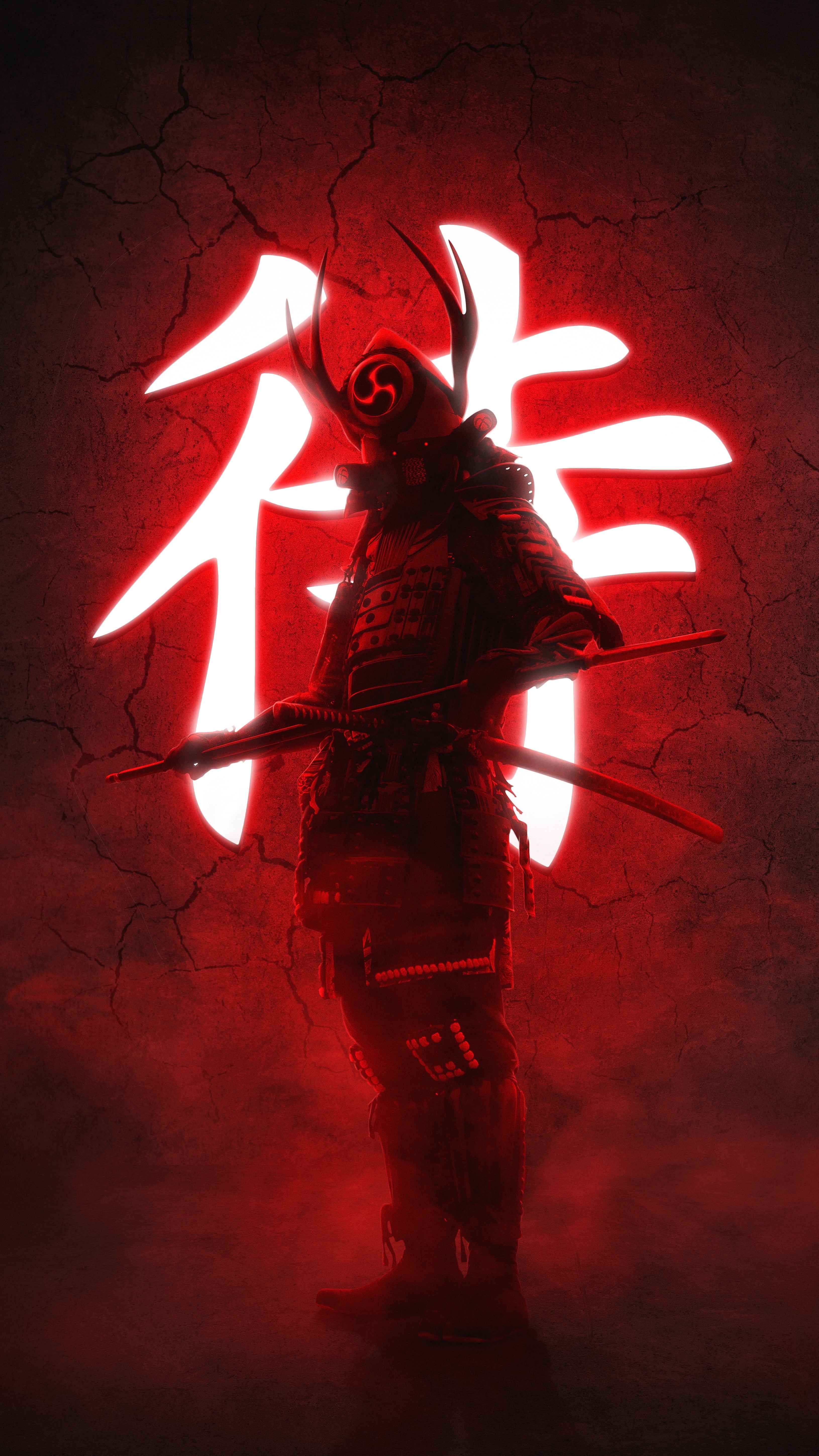 sword, portrait display, red background, samurai, artwork, vertical, warrior, armor, 5K, digital art, katana, Phone HD Wallpaper