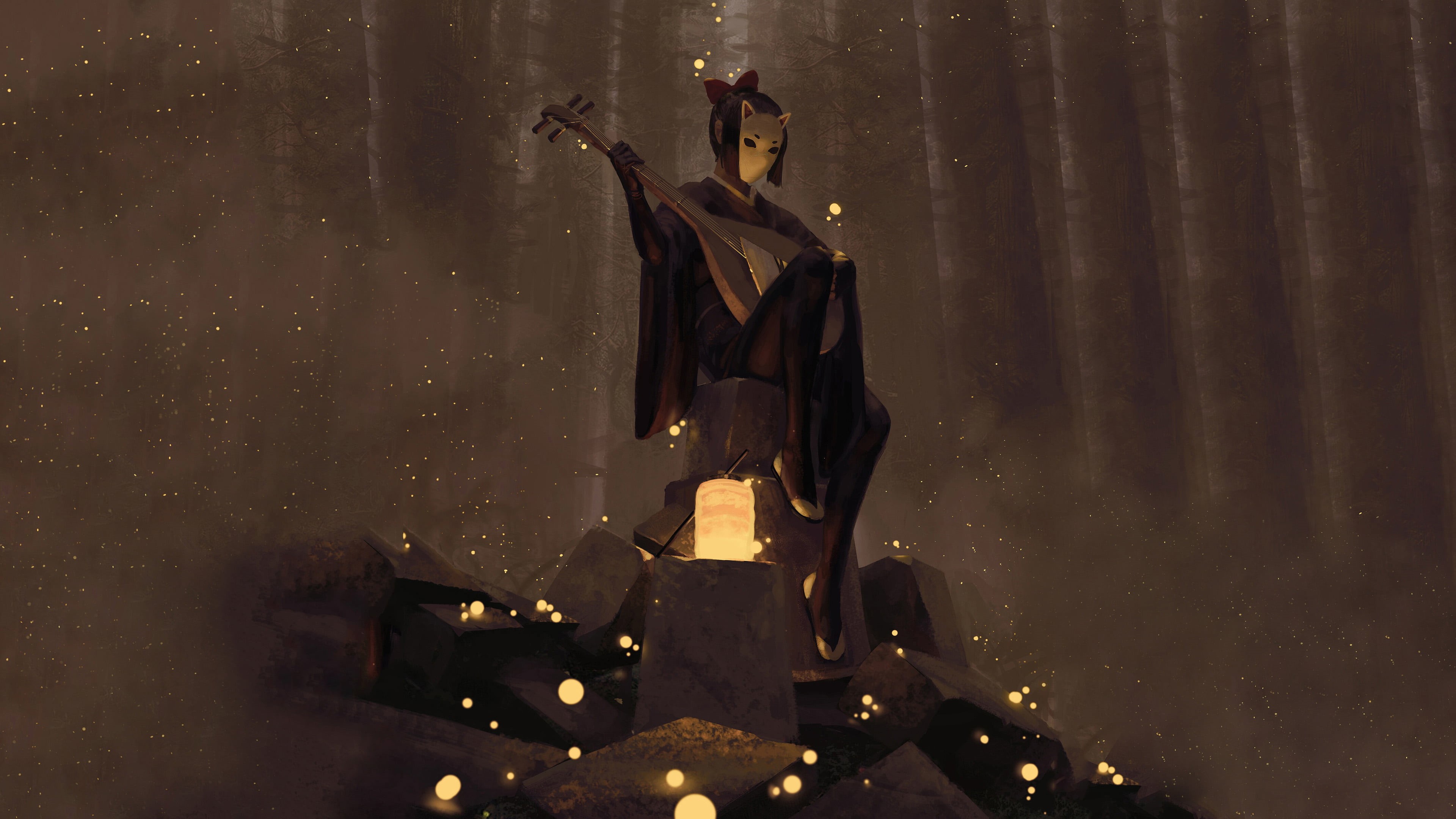 rocks, fox mask, biwa, 4K, forest, Japanese kimono, lantern, digital art, kimono, HD Wallpaper