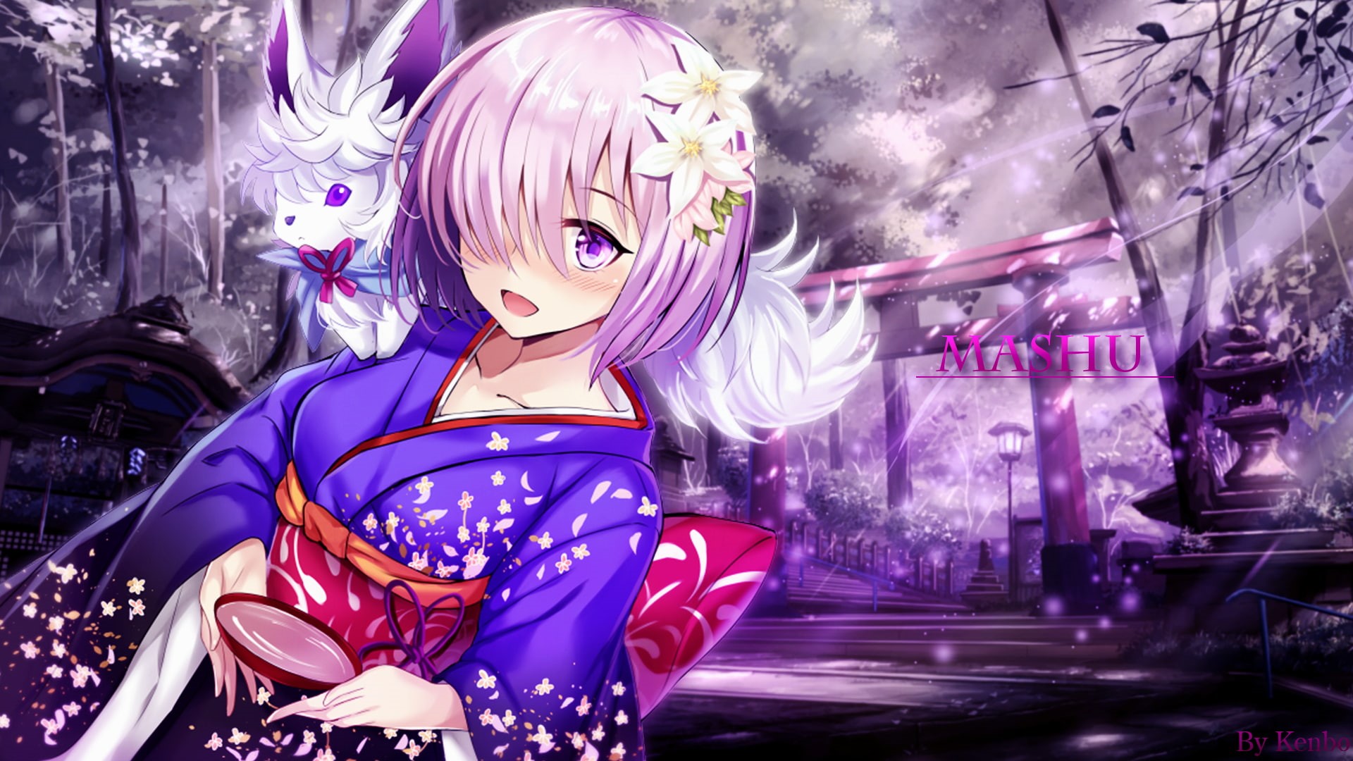 anime, arts culture and entertainment, young adult, costume, make-up, kimono, festival, purple, anime girls, animals, Fate/Extella: The Umbral Star, young women, HD Wallpaper