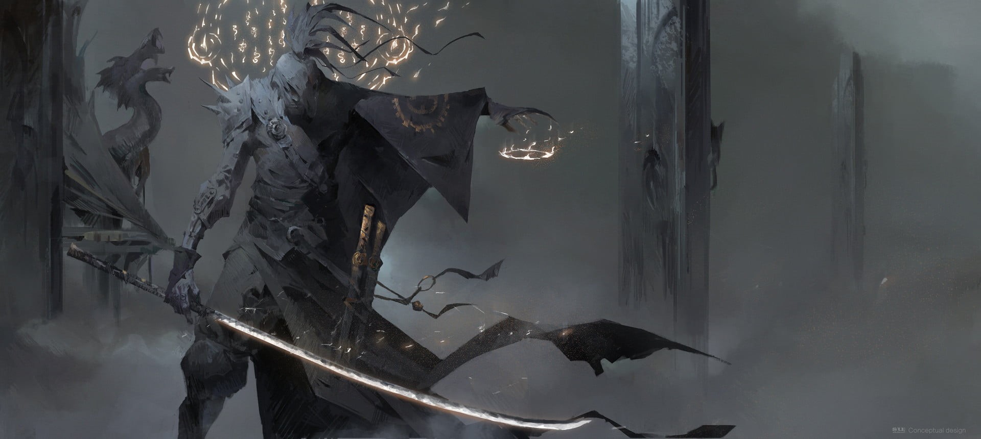 monochrome, dragon, 1080P, fantasy art, samurai, katana, weapon, HD Wallpaper