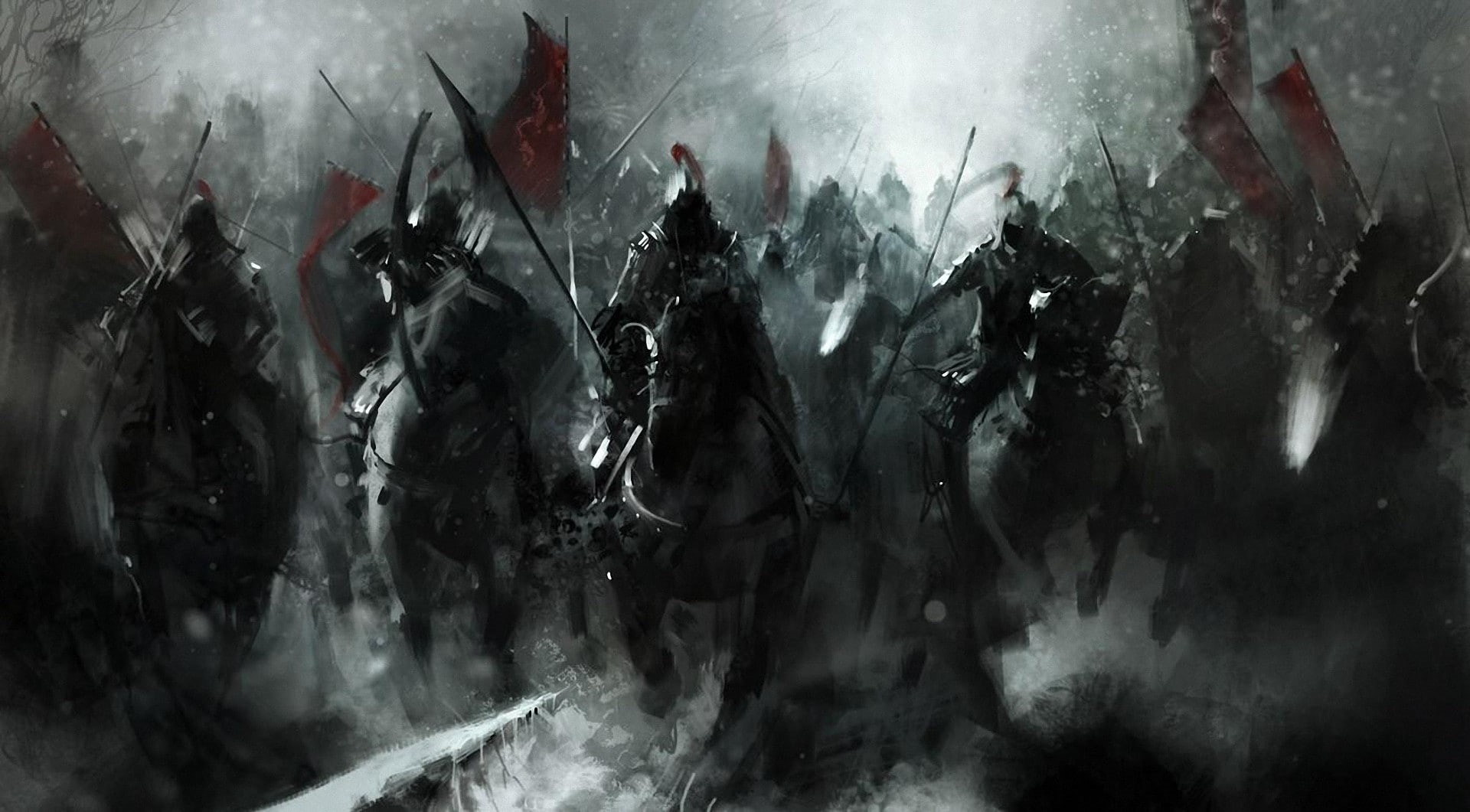 knight, mongols, animals, war, 1080P, asian, standard, warrior, sword, art, oriental, fantasy, battle, katana, soldiers, weapons, horses, dark, HD Wallpaper