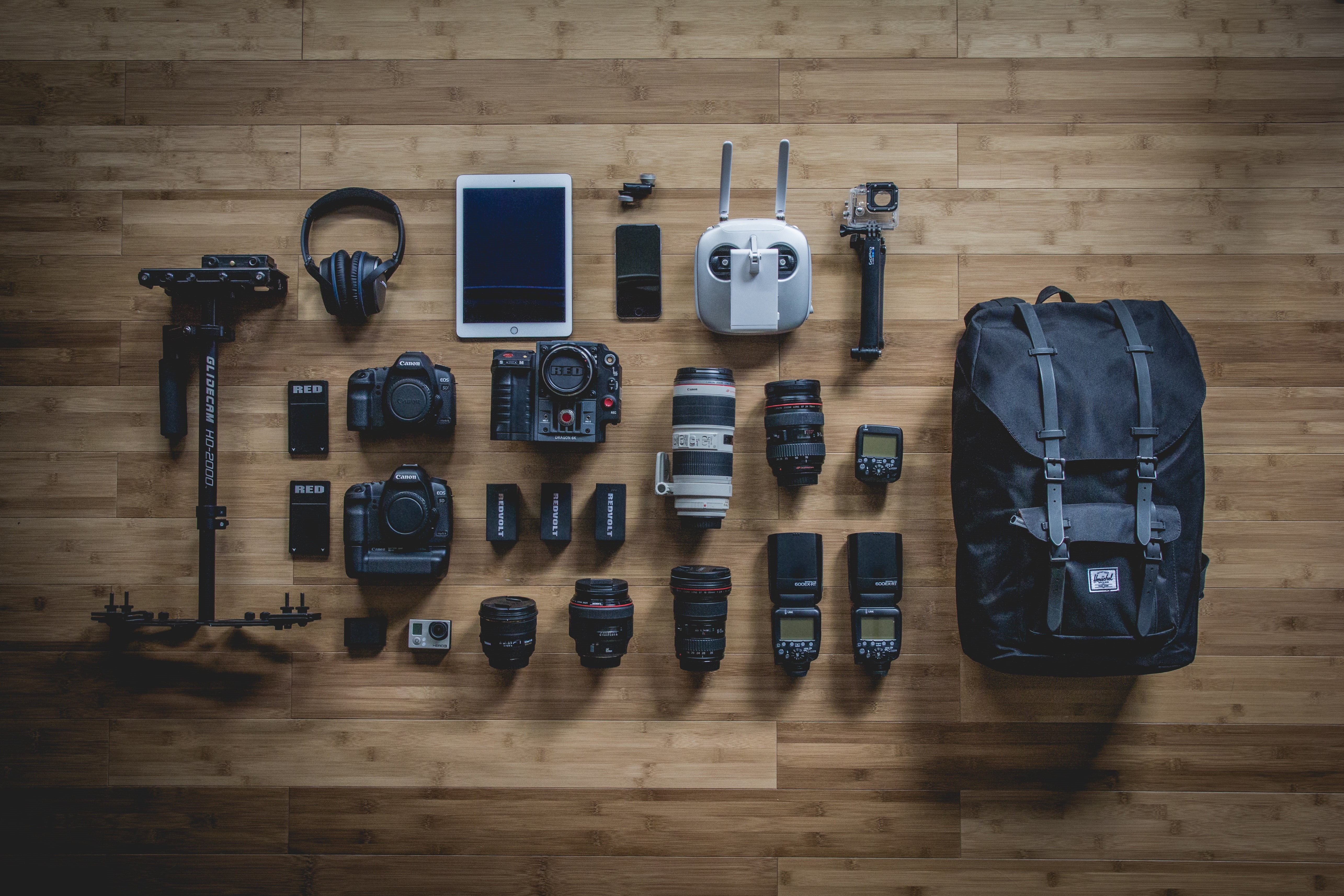 communication, dslr, photography themes, no people, camera, large group of objects, table, photography, wooden surface, directly above, black, wood - material, HD Wallpaper