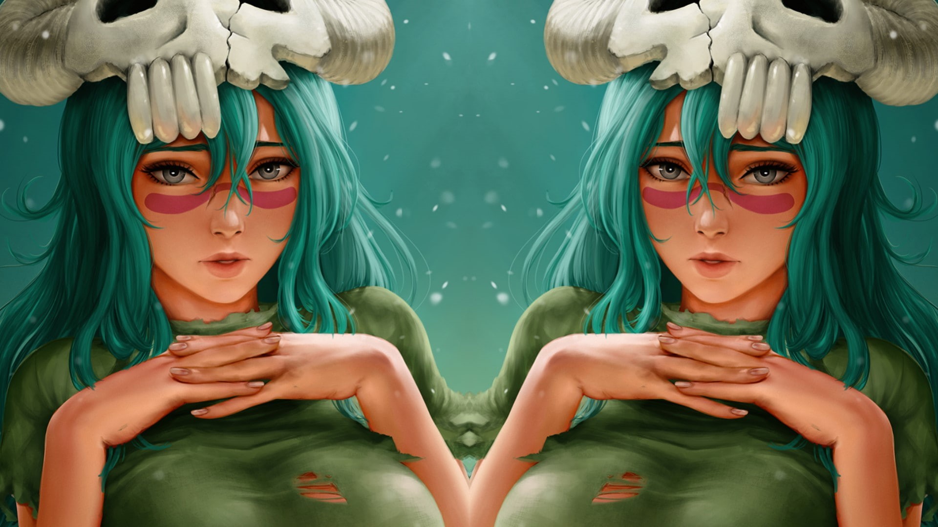 distortion, green hair, Bleach, green, symmetry, anime girls, 1080P, HD Wallpaper