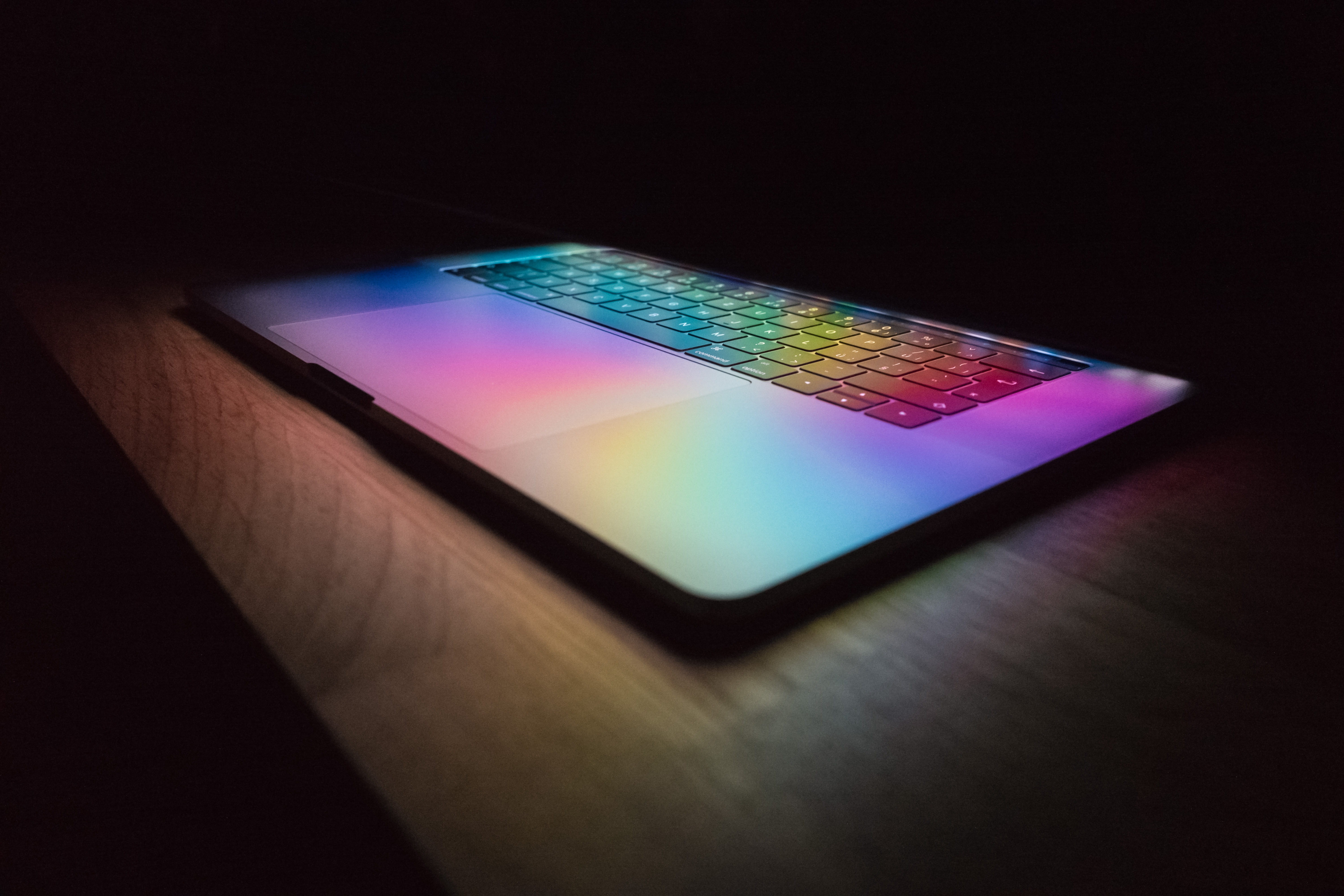 apple, laptop, studio shot, single object, table, communication, accessibility, connection, light beam, colorfull, cyberspace, desk, wood, color, science, HD Wallpaper