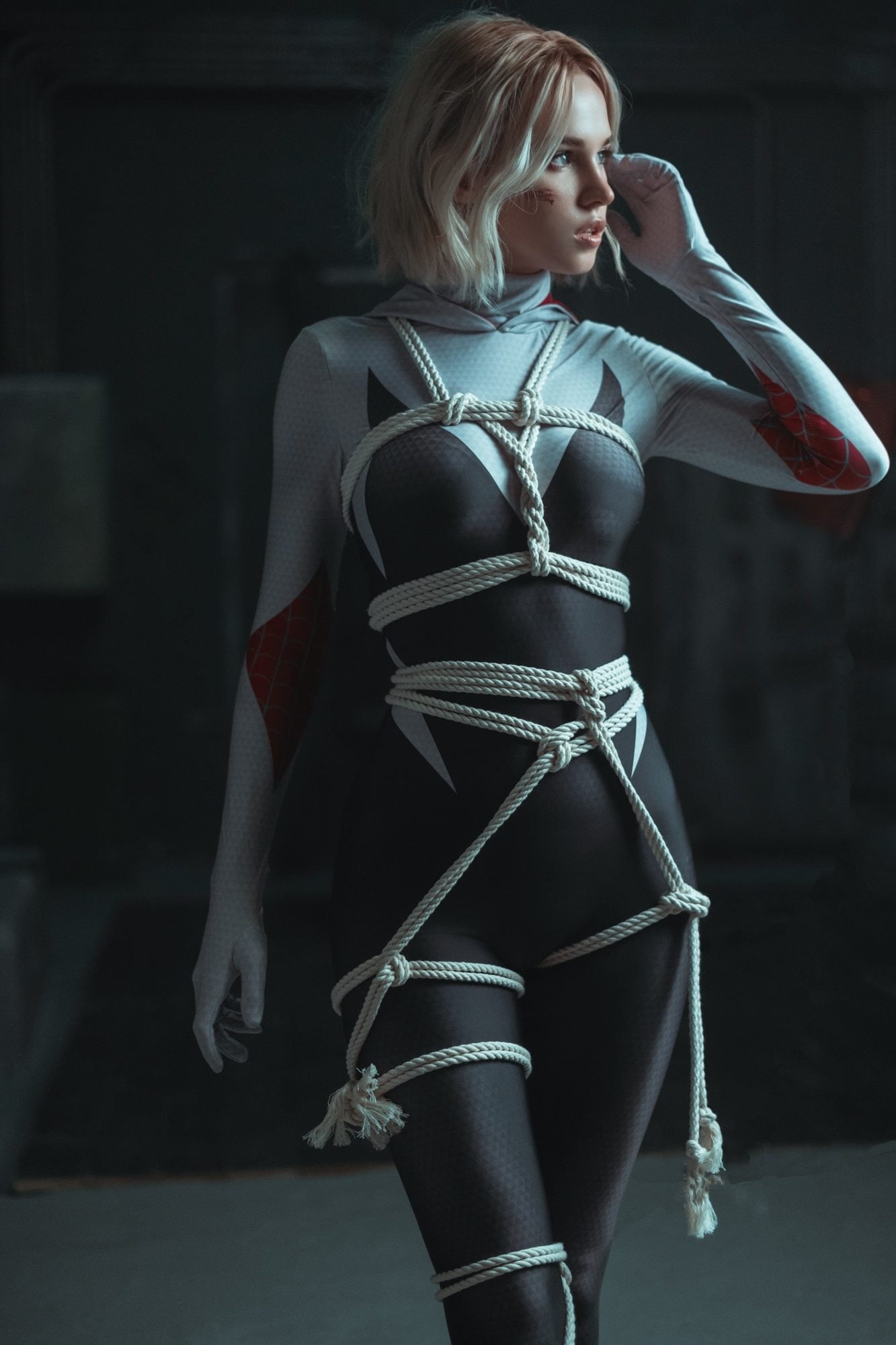 blonde, model, women indoors, ropes, Shirogane Sama, Marvel Comics, Spider Gwen, Gwen Stacy, short hair, 1080P, indoors, women, cosplay, Phone HD Wallpaper