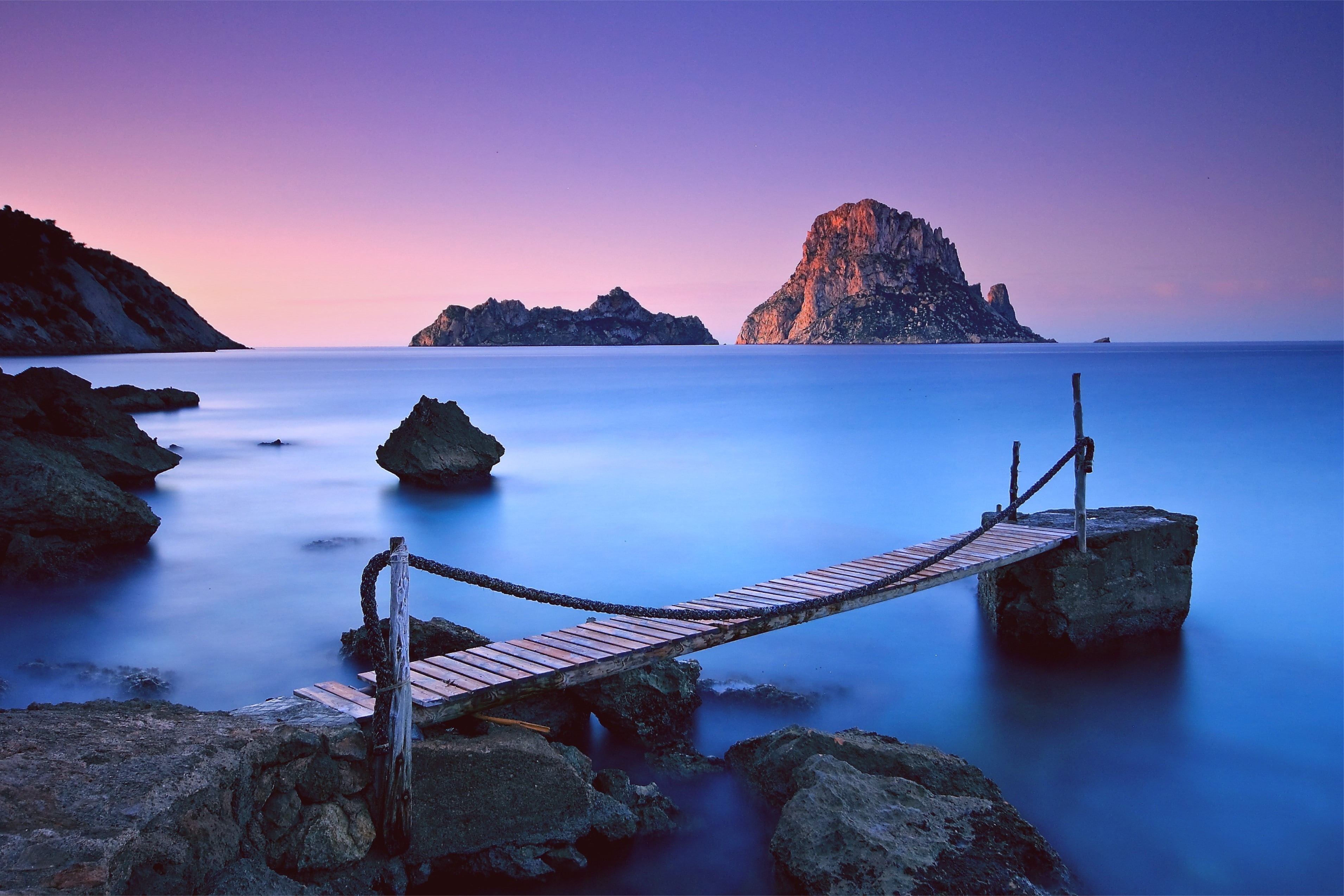rock, horizon, blue, sea, ibiza, 2K, pier, pink, ropes, es vedra, sky, island, HD Wallpaper