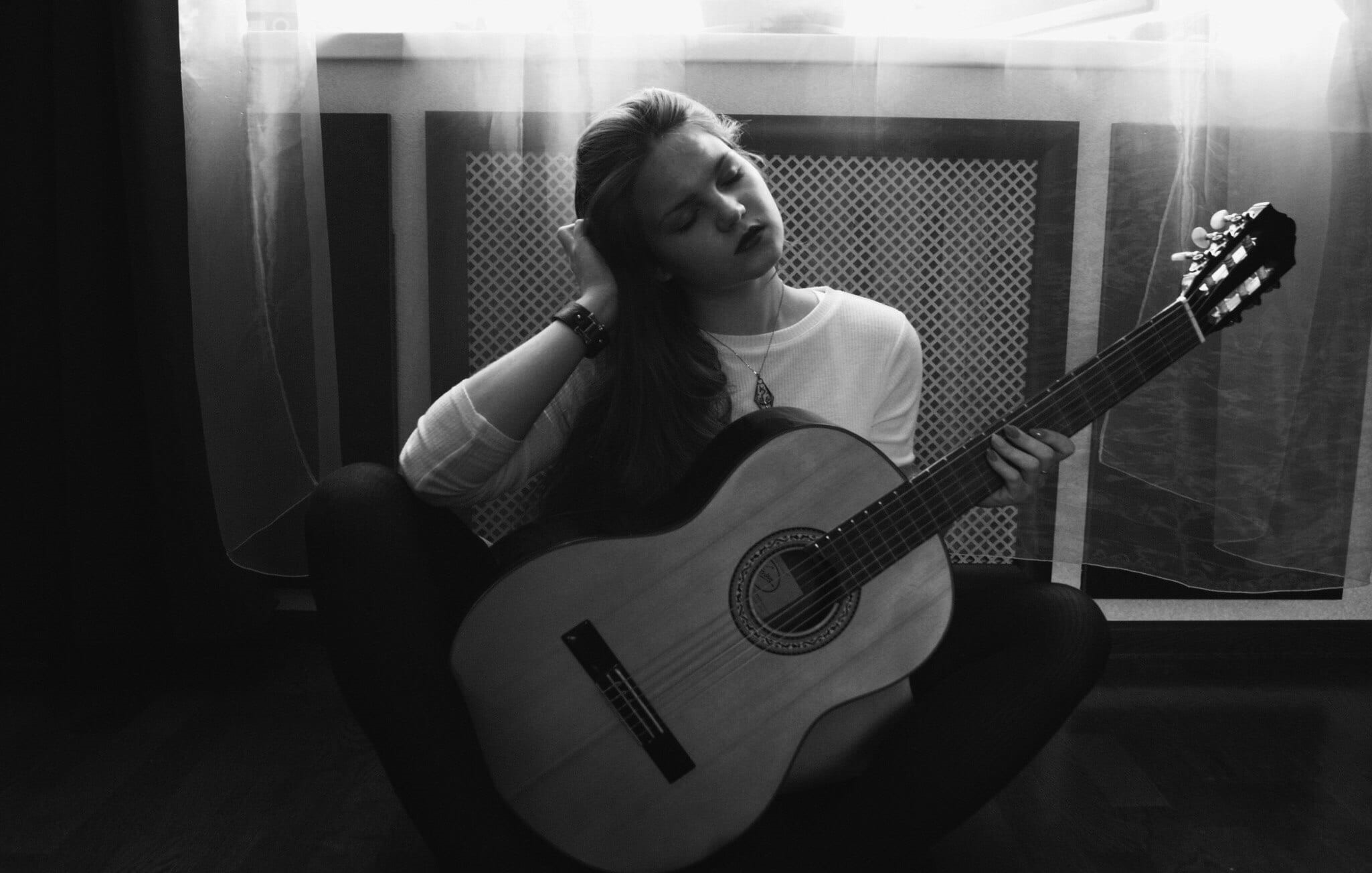 shirt, stringed instrument, plucking an instrument, crew, hairstyle, young women, curtain, playing, instrument, lifestyles, electric guitar, musician, guitar, HD Wallpaper