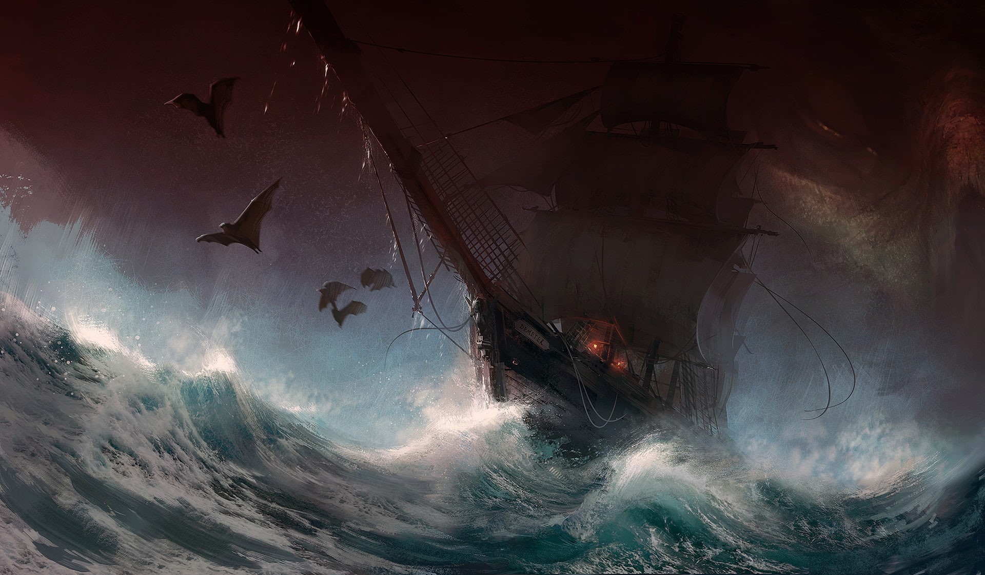 bats, Joakim Ericsson, digital art, artwork, sea, ship, 1080P, HD Wallpaper
