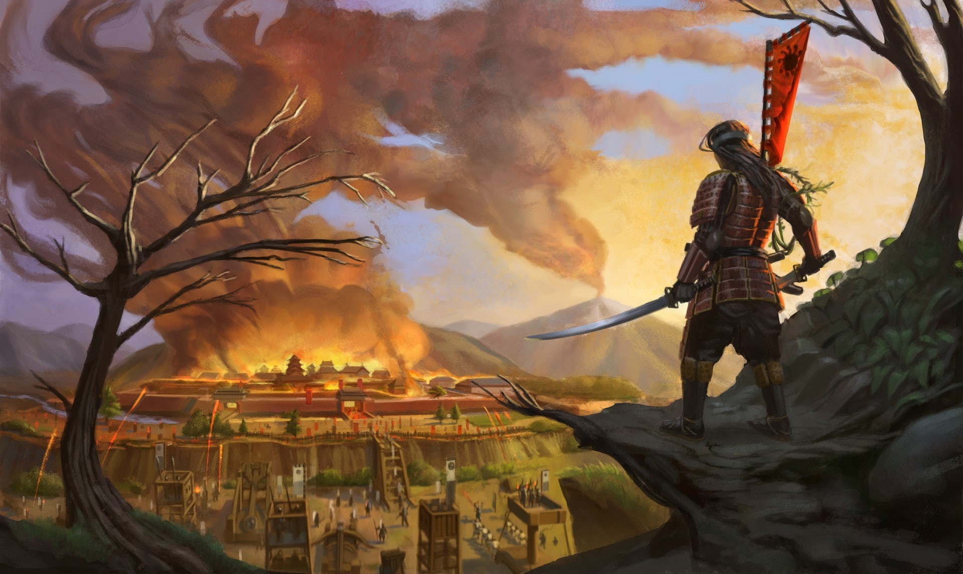 nature, fire, samurai, day, katana, tree, accidents and disasters, outdoors, men, firefighter, artwork, standing, government, sword, occupation, smoke - physical structure, HD Wallpaper