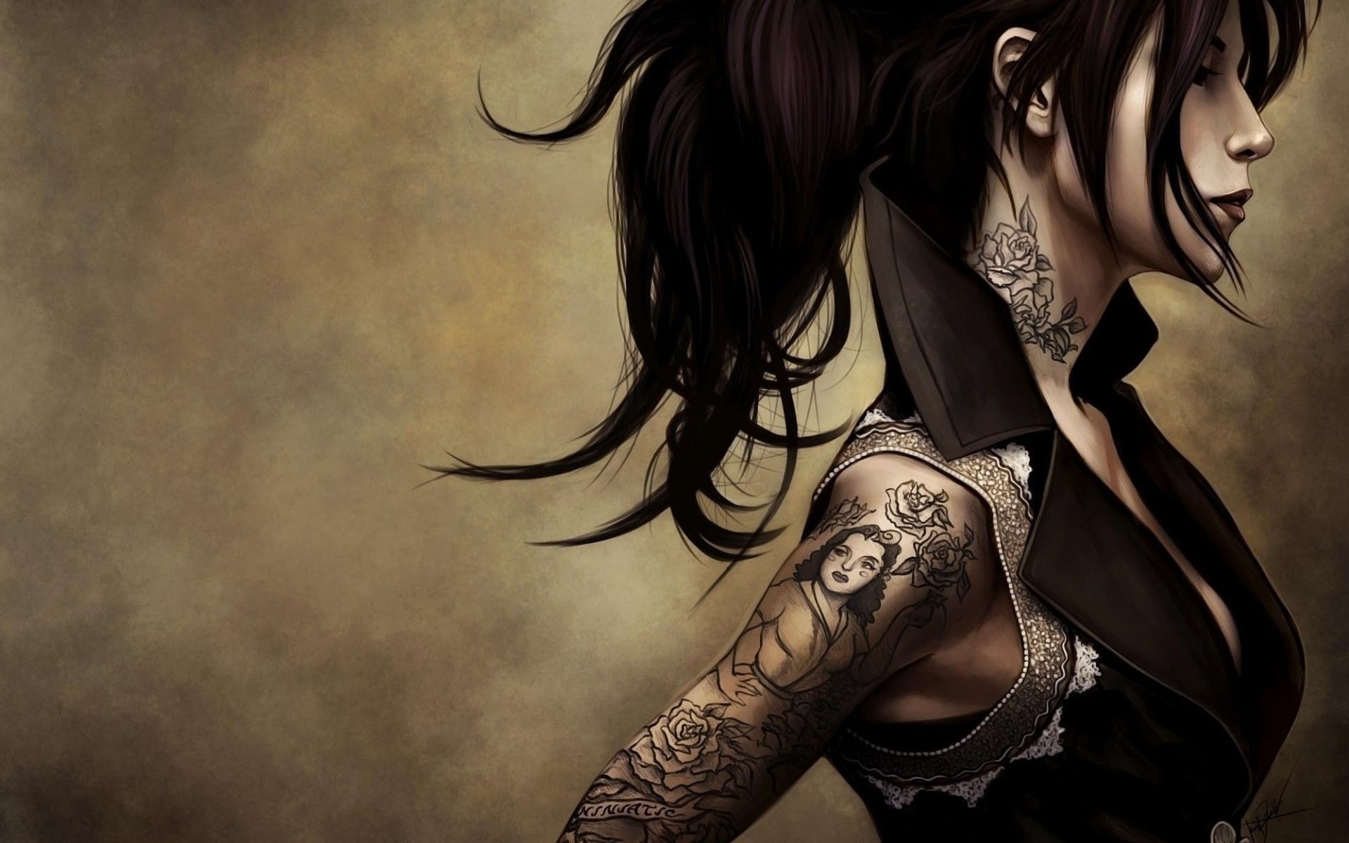 1080P, tattoo, profile, artwork, women, fantasy girl, fantasy art, HD Wallpaper