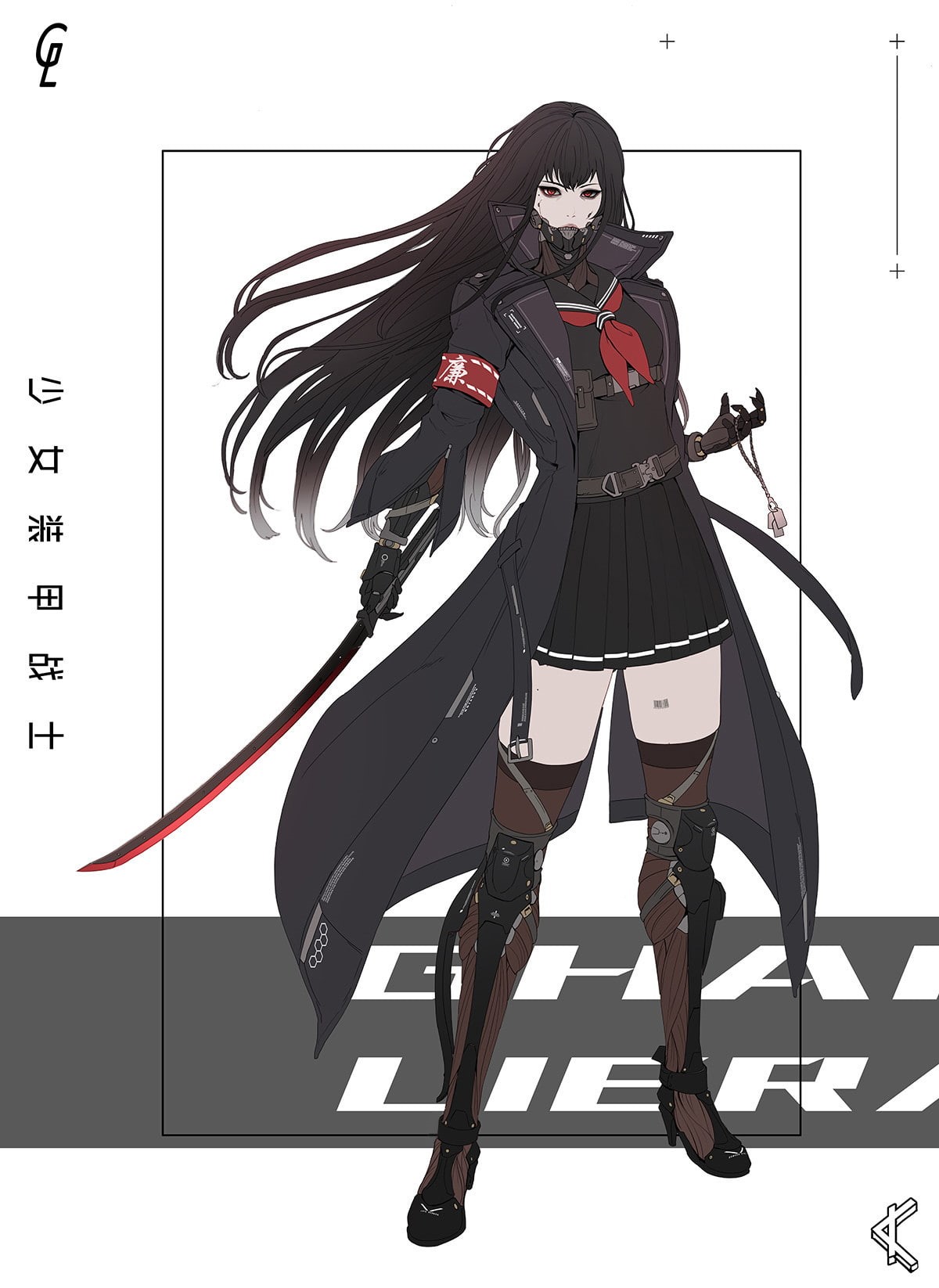 cyberpunk, front view, digital art, women, digital composite, dark hair, katana, concept art, artwork, full length, fashion, red, black color, holding, Phone HD Wallpaper