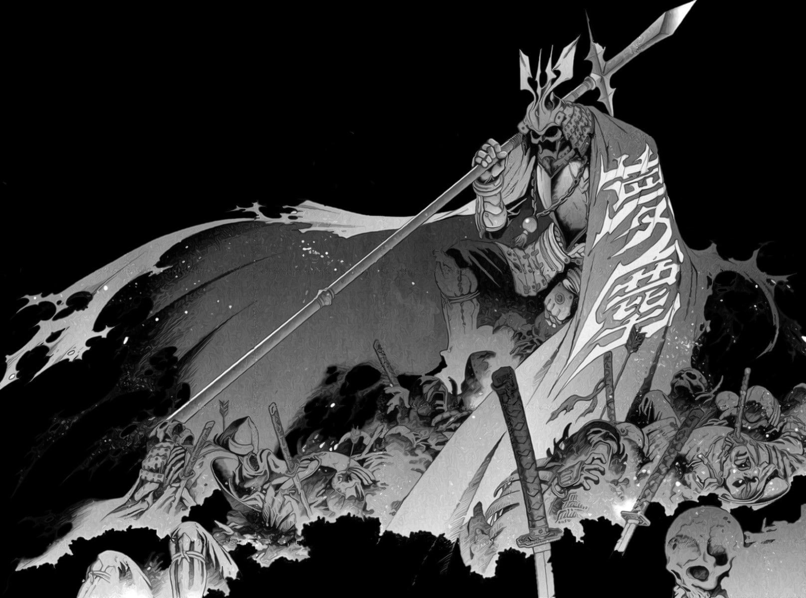 spear, fantasy art, 720P, monochrome, armor, warrior, staff, skull, katana, samurai, HD Wallpaper