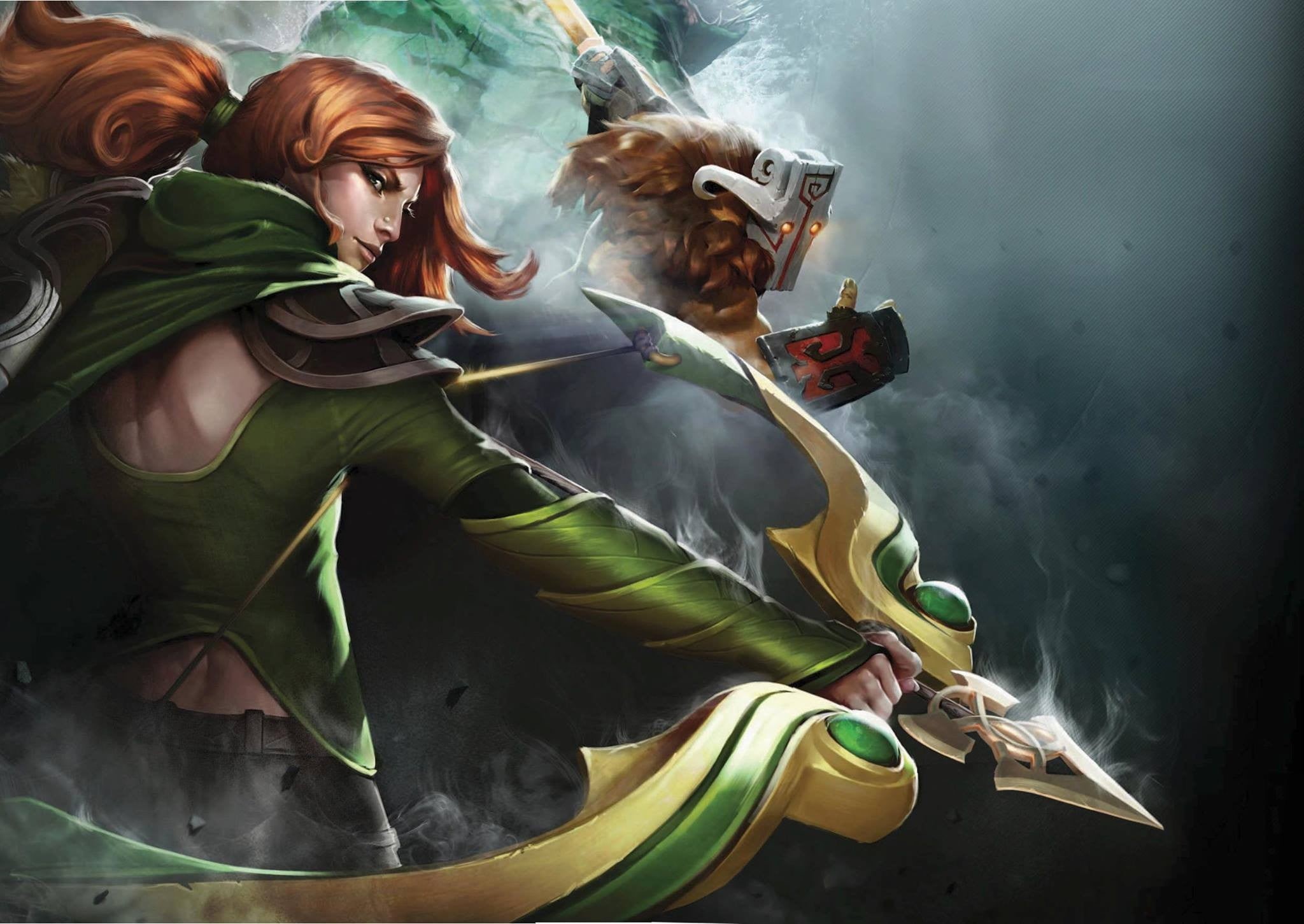 1080P, Windranger, nature, yurnero, character, wind, belief, bow, game, men, indoors, people, togetherness, Windrunner, Lyralei, adult, two people, fog, HD Wallpaper