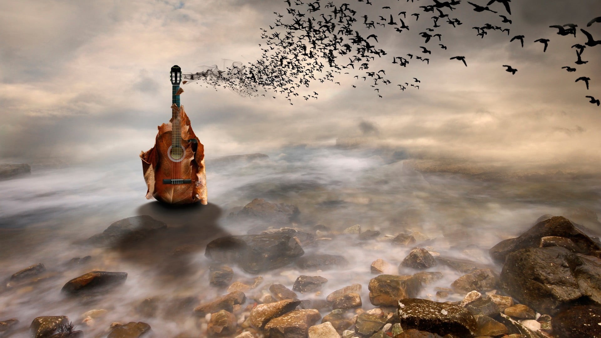 black, birds, outdoors, animal themes, motion, cloud - sky, solid, flying, stones, beauty in nature, photo manipulation, landscape, digital composite, religion, HD Wallpaper