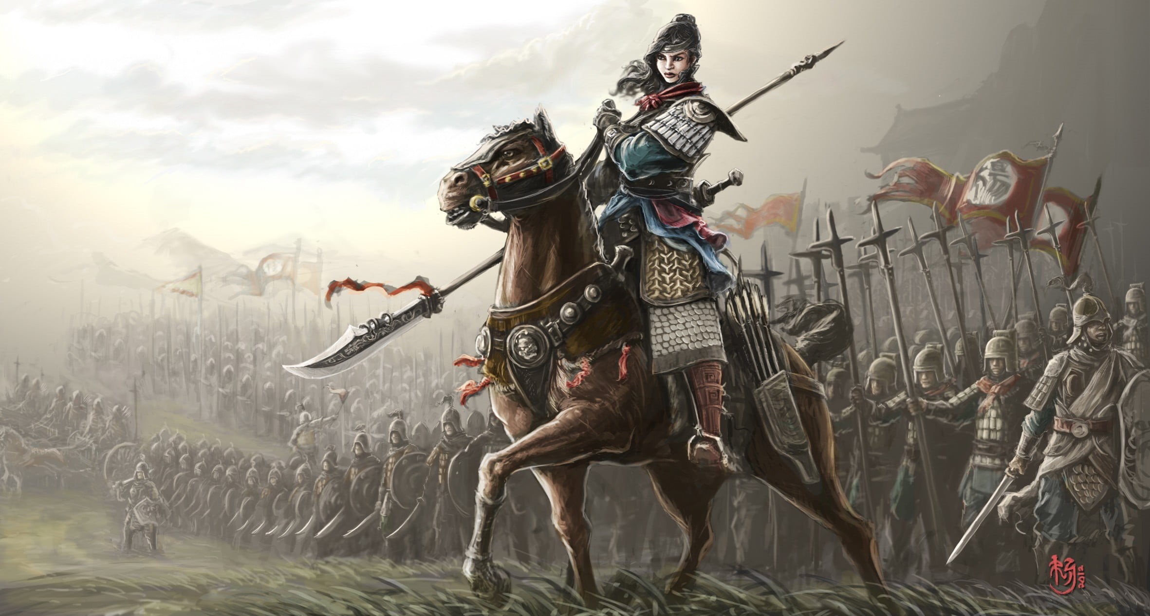 young adult, weapon, adult, nature, fantasy art, domestic, fog, spear, riding, mammal, domestic animals, horseback riding, animal wildlife, man, livestock, HD Wallpaper