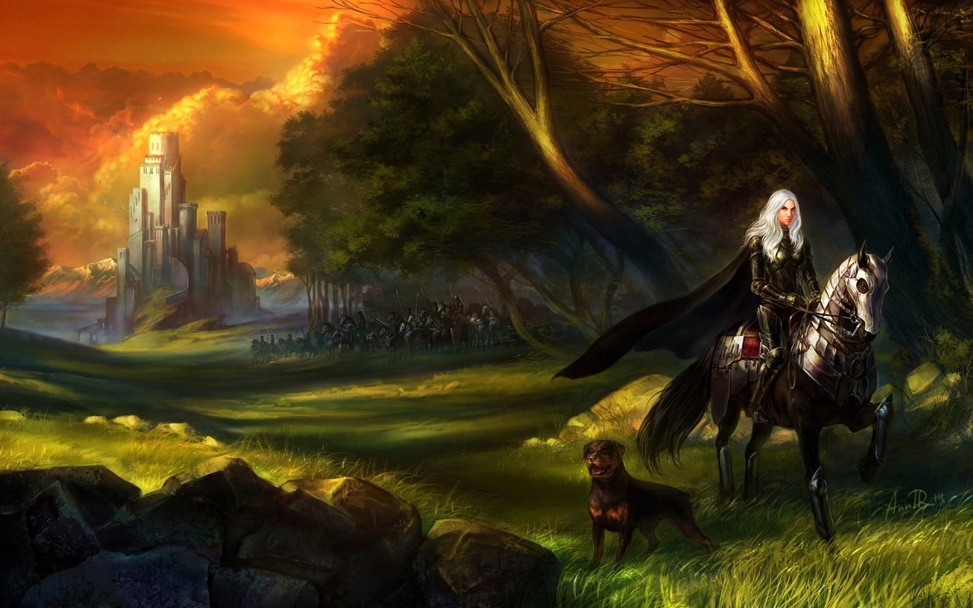 plant, fantasy art, outdoors, forest, 1080P, animal wildlife, domestic animals, mammal, livestock, cloaks, ride, dog, domestic, women, riding, armor, army, HD Wallpaper