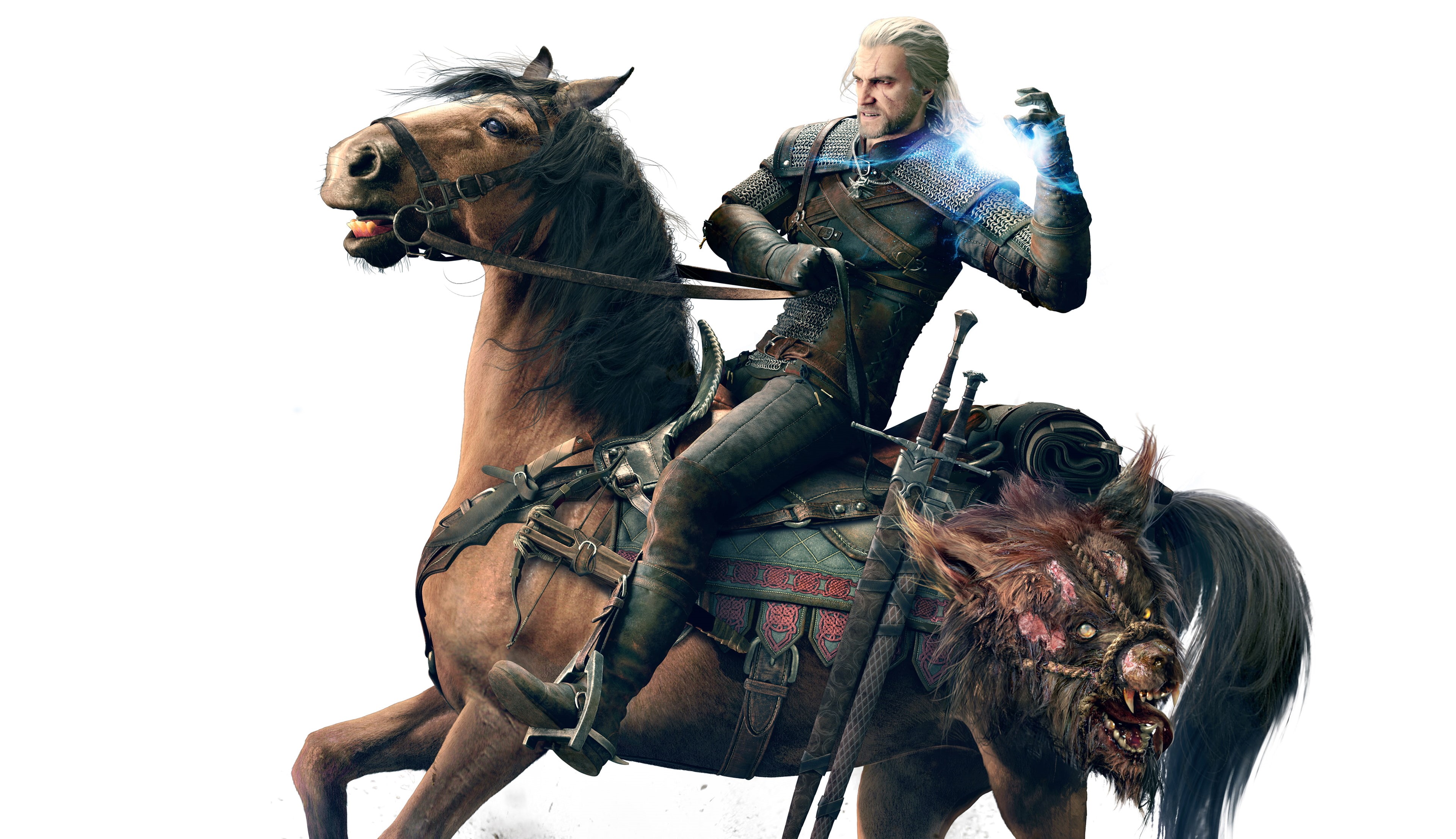 monster, CD Projekt RED, pets, Roach, Geralt, trophy, 4K, witcher, swords, livestock, domestic animals, riding, white background, domestic, Namco Bandai, HD Wallpaper