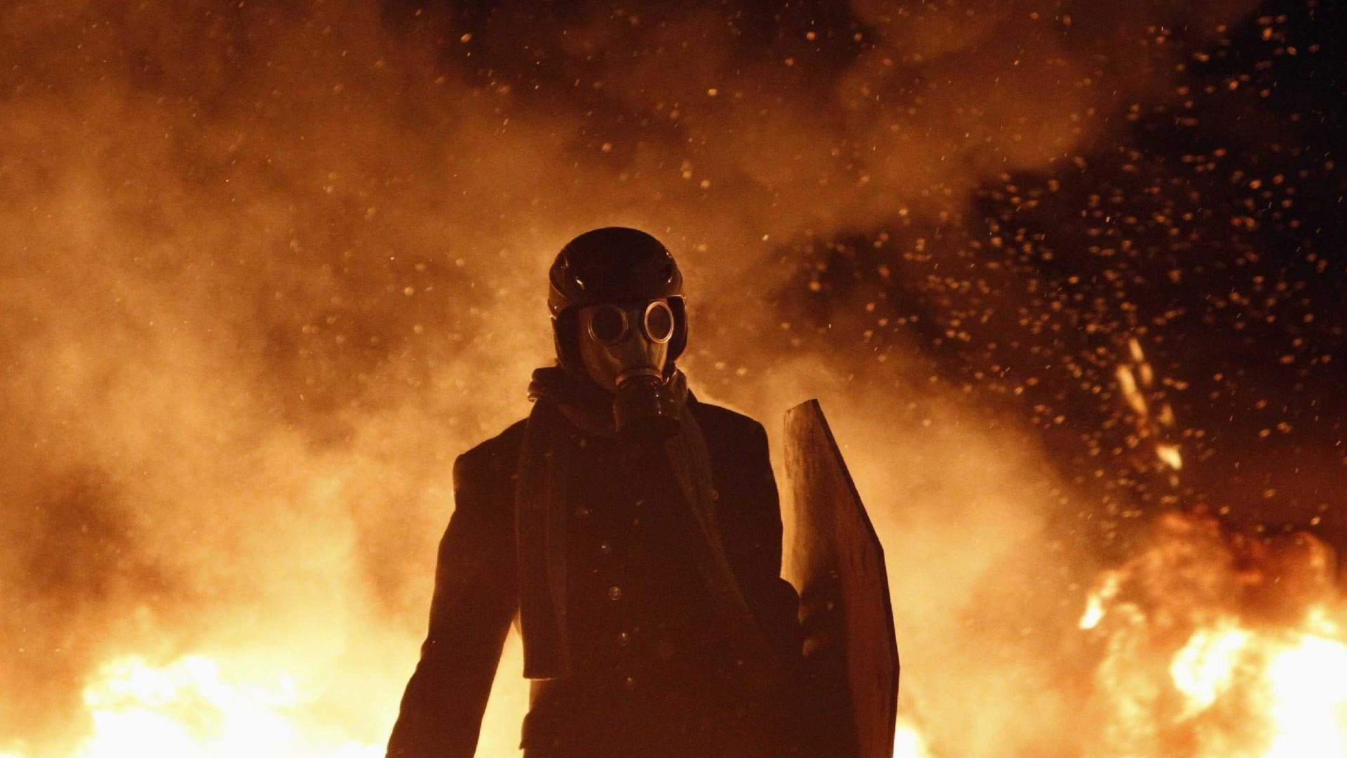 1080P, waist up, mask, night, gas masks, fire - natural phenomenon, smoke - physical structure, warning sign, burning, sign, person, adult, flame, black, HD Wallpaper