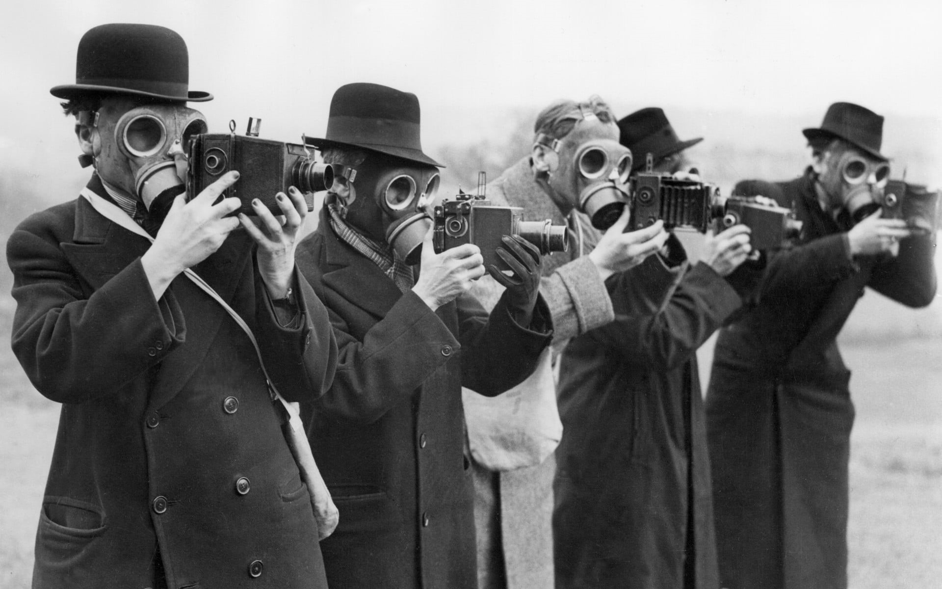 adult, hat, men, males, young adult, holding, young men, clothing, handgun, uniform, group of people, wearing, weapon, photo, cameras, technology, gas masks, HD Wallpaper