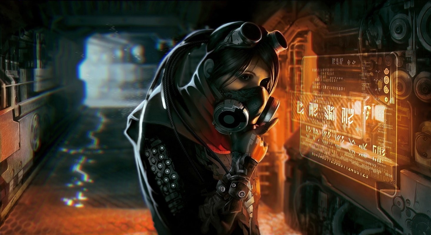 gas, gas masks, cyberpunk, 720P, goggles, games, interfaces, hallway, masks, HD Wallpaper