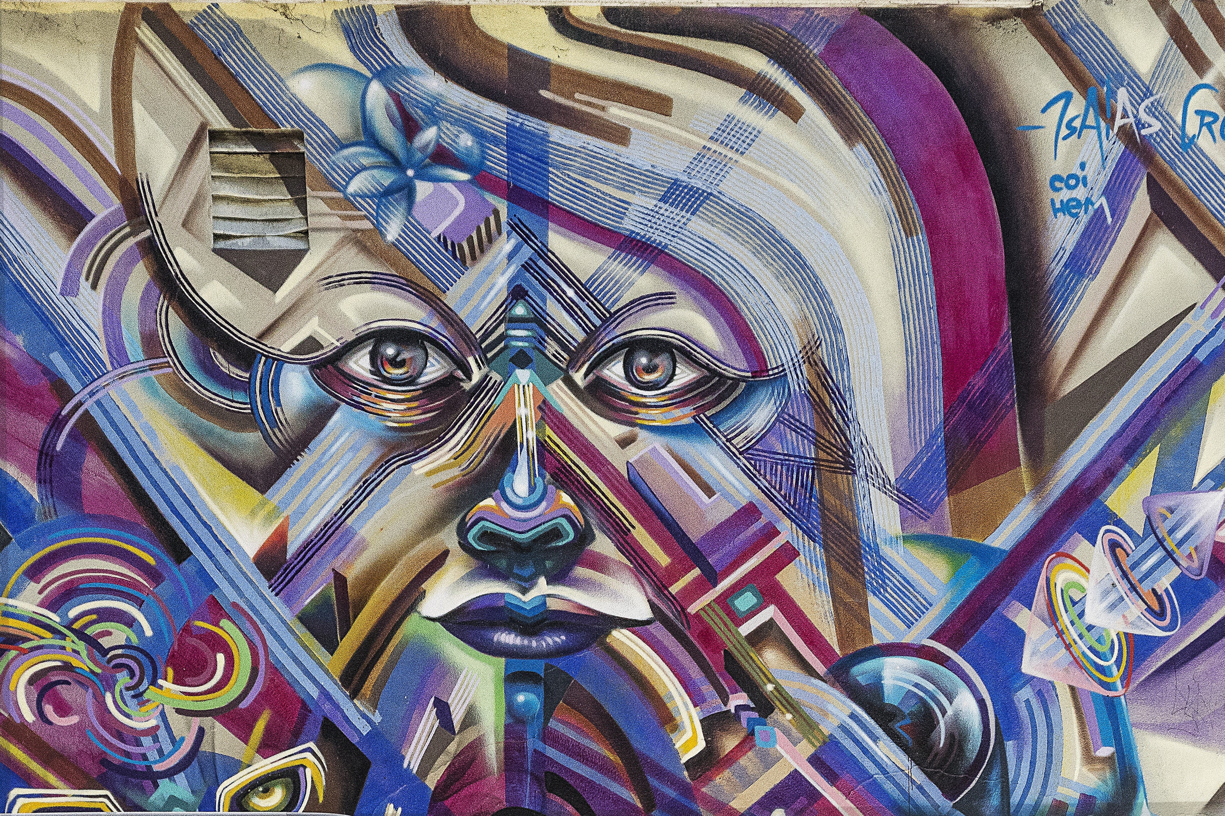 pattern, creativity, 4K, no people, painted, tagging, city, indoors, abstract, close-up, tags, representation, face, graffiti art, art, backgrounds, brick wall, HD Wallpaper
