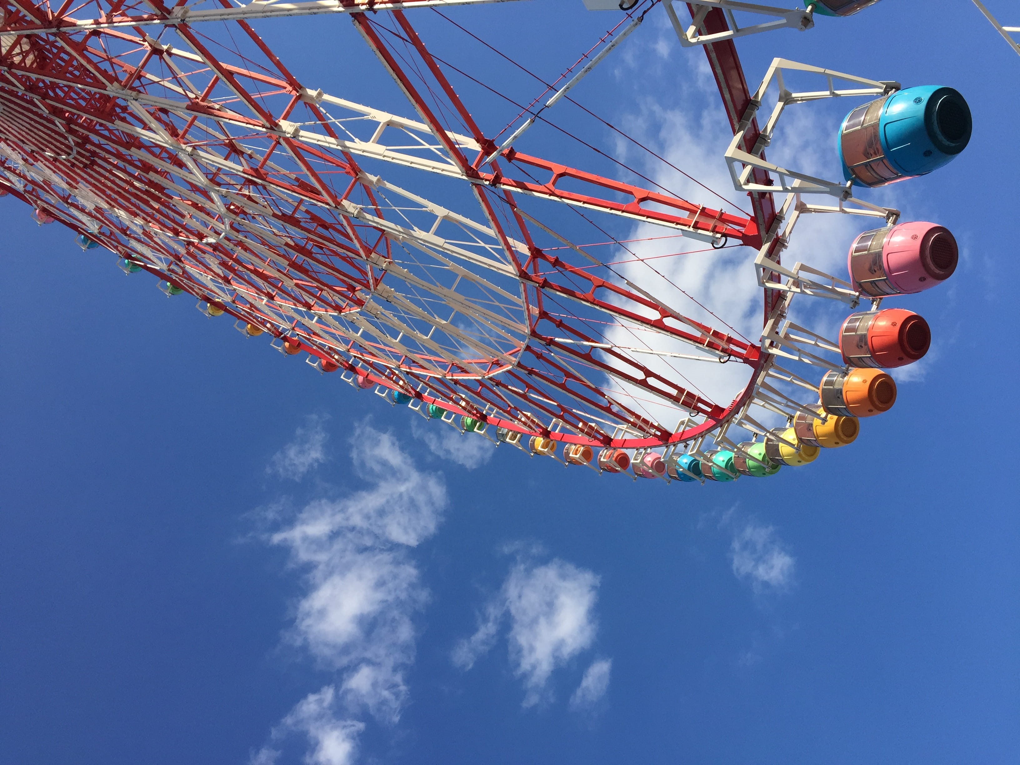 sky, fun, ferris wheel, day, low angle view, traveling carnival, nature, leisure activity, 2K, japan, directly below, outdoors, no people, cloud - sky, HD Wallpaper