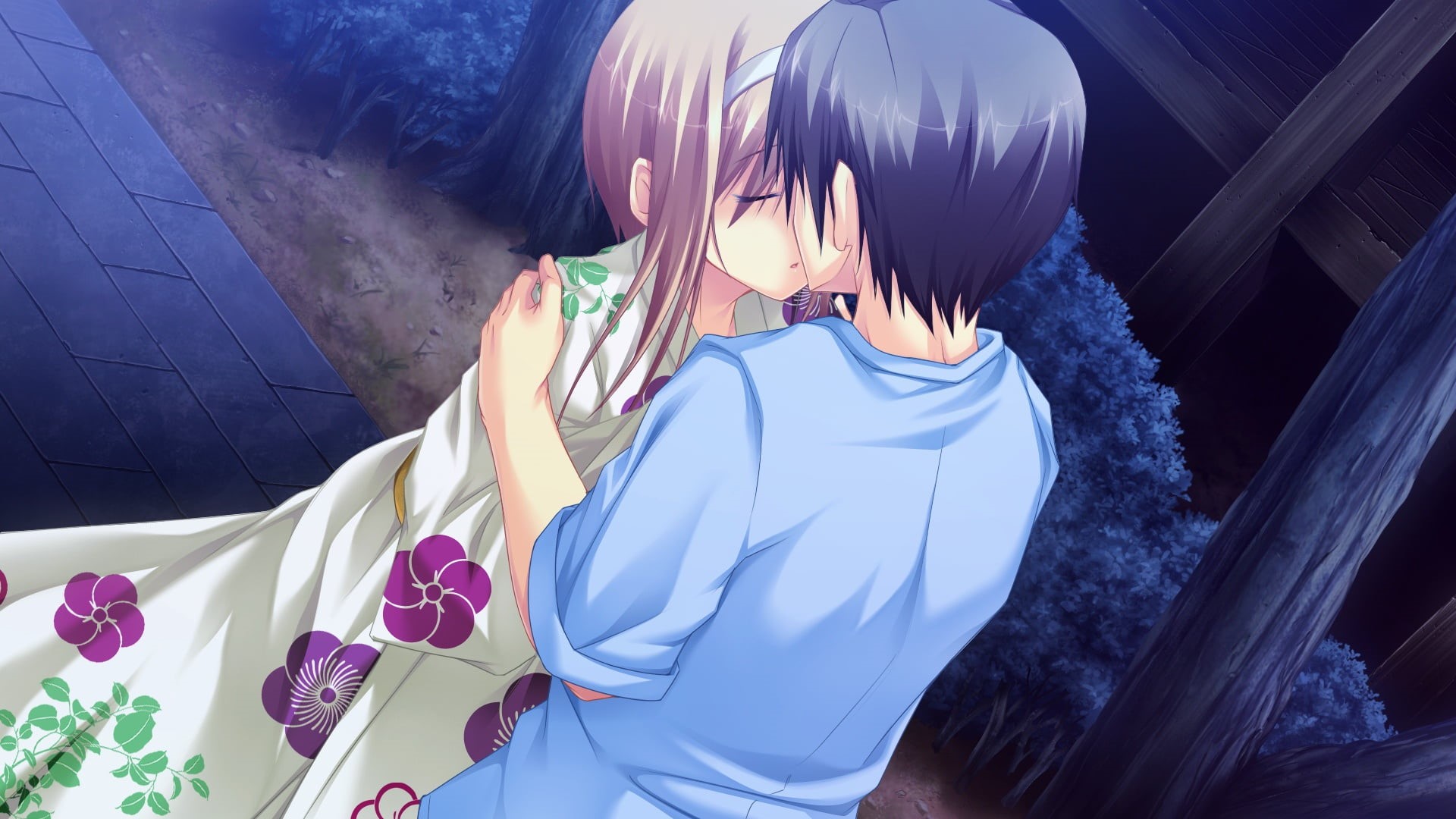 1080P, visual novel, kiss, Nao Konoha, date, the evening, the guy with the girl, by Masato Satofuji, yukata, Anata no Koto o Suki to Iwasete, HD Wallpaper